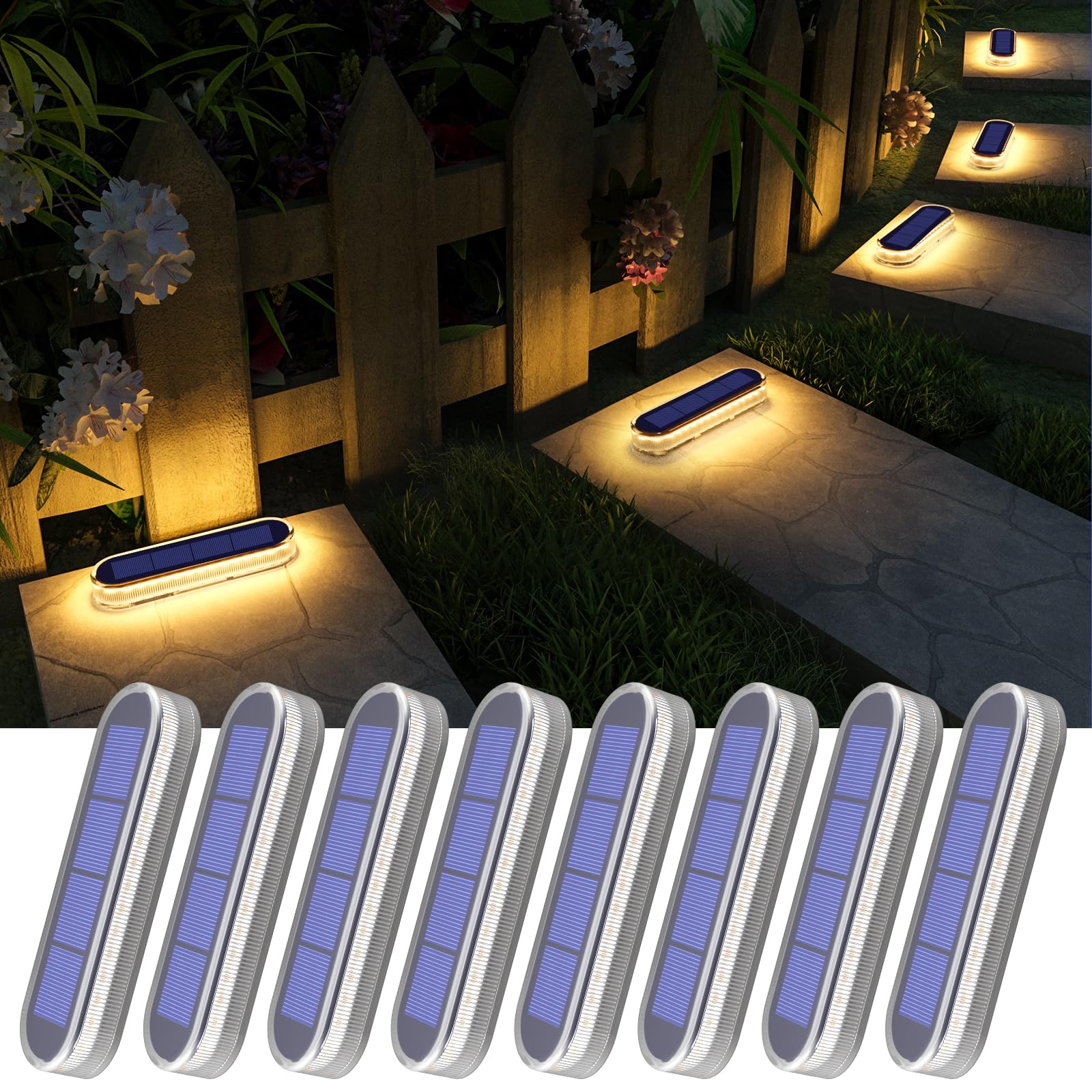 YiLaie Solar Step Lights, Waterproof, Auto ON/OFF, 8 Pack, Warm White, Polycarbonate, Model HO-SQDL-8