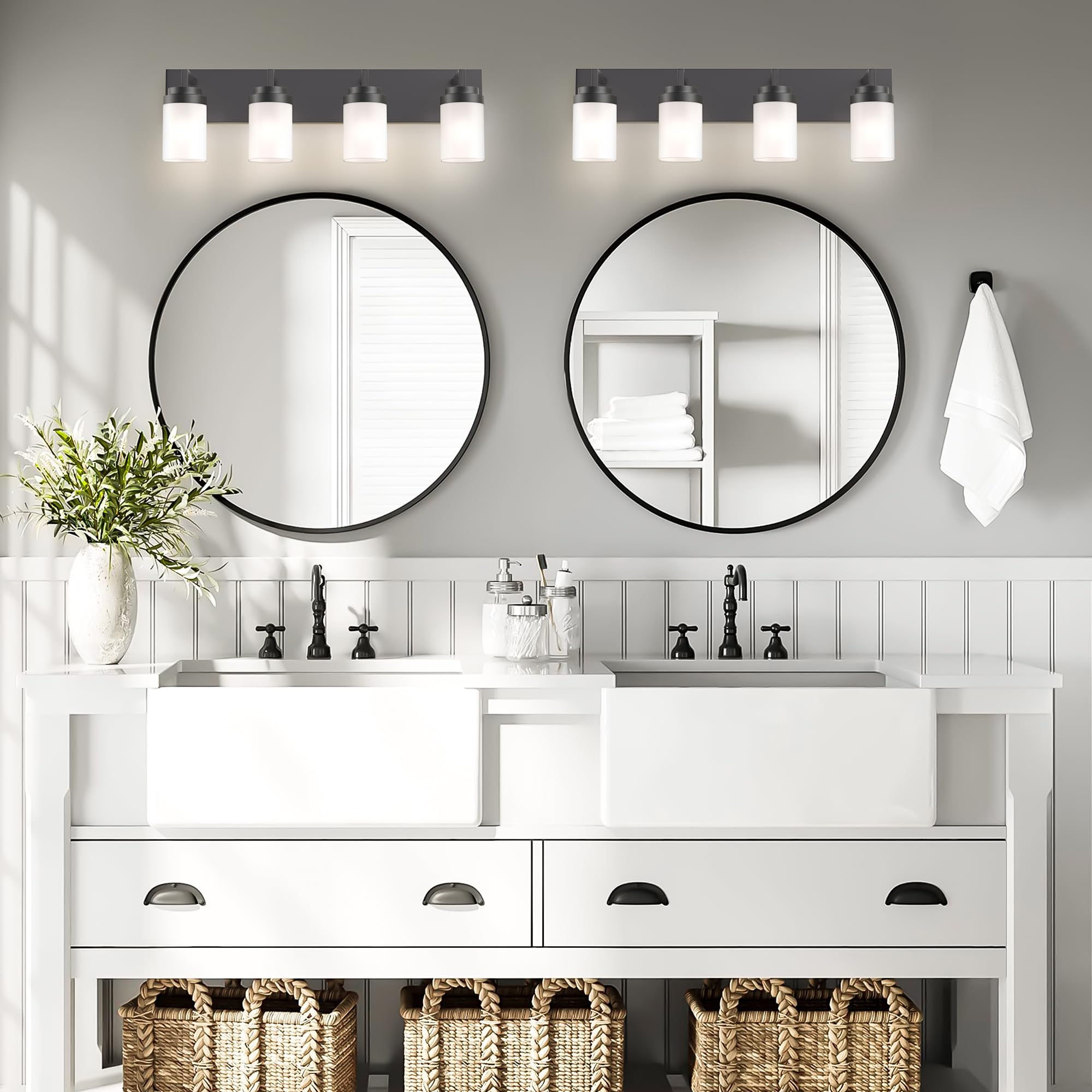 Espird Bathroom Vanity Light - 4 Light Matte Black Fixture with White Glass Shade, 30in Farmhouse Style, Model EL-DBB-B-4