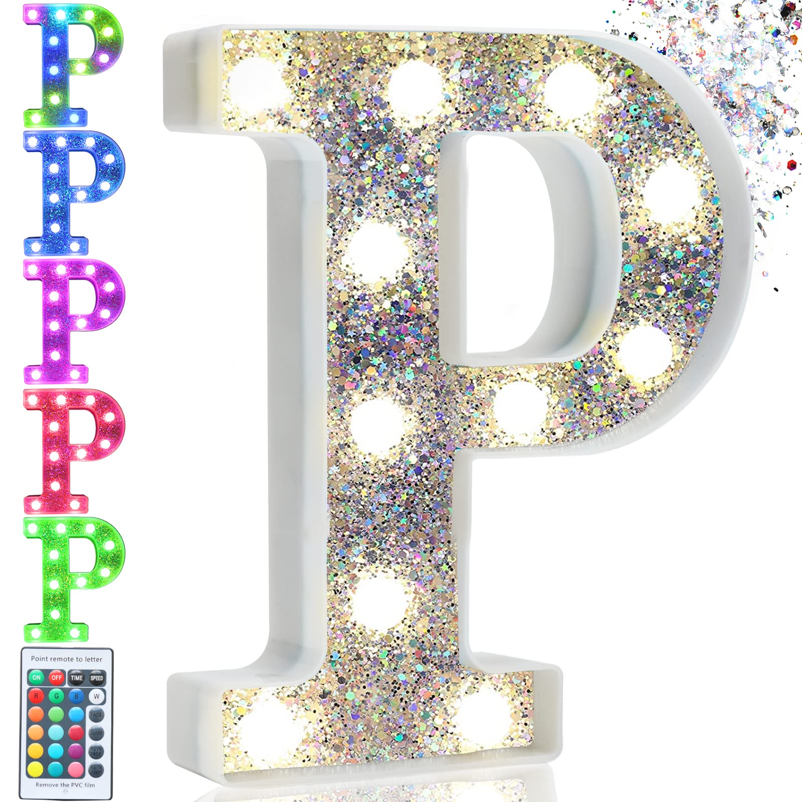 Pooqla Silver LED Marquee Letter Lights, Colorful Battery Operated Night Light, Model S-RGB, Letter P, 16 Colors for Parties and Decor