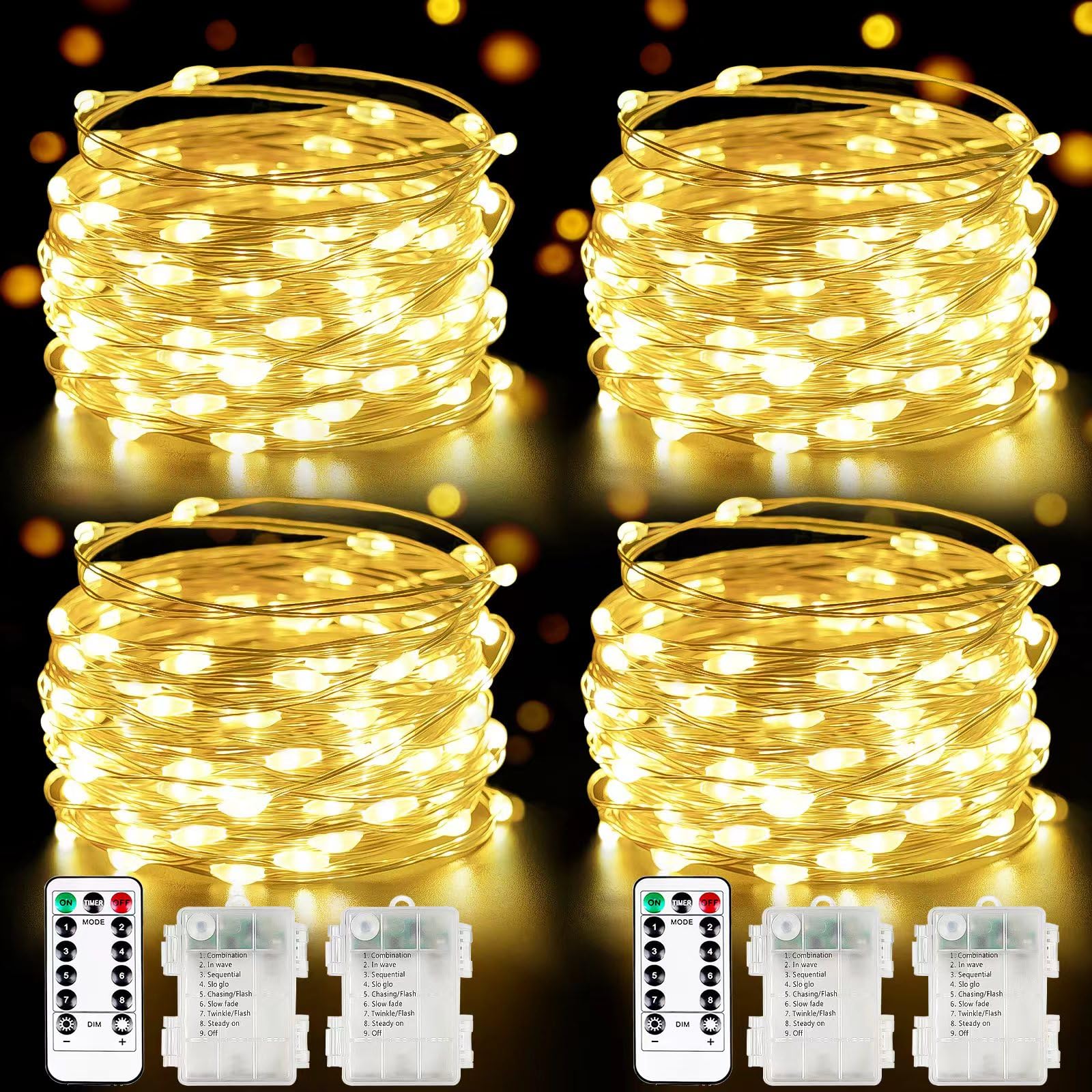 Albelt 4-Pack 33FT 100 LED Fairy Lights, Warm White, Battery Operated, Waterproof, Remote & Timer, 8 Modes, Model Sliver100
