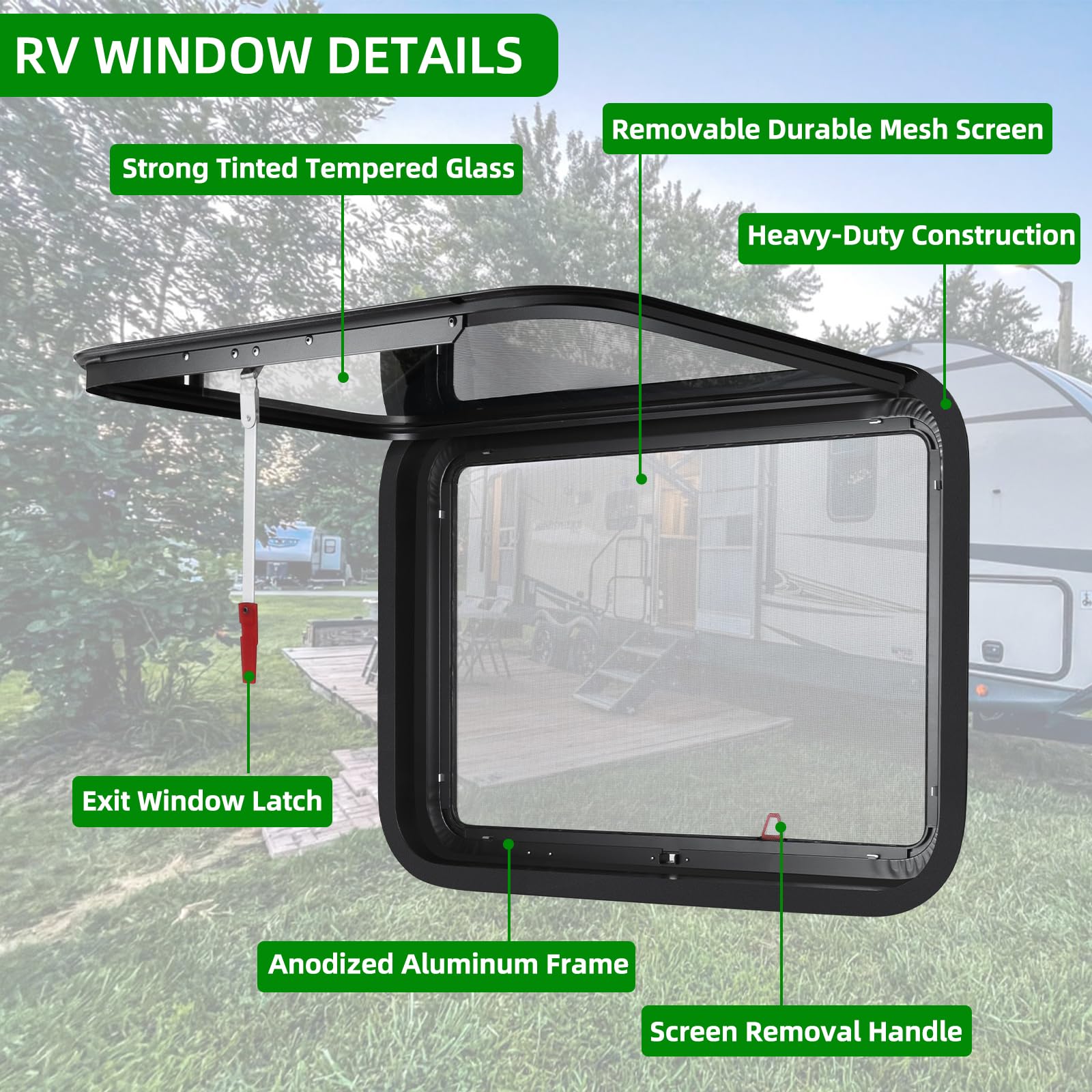 NOVINO RV Emergency Window Replacement, 30in x 22in, Black, Model NRW-008, Fits 1in or 1-1/2in Thick Wall, DOT Approved