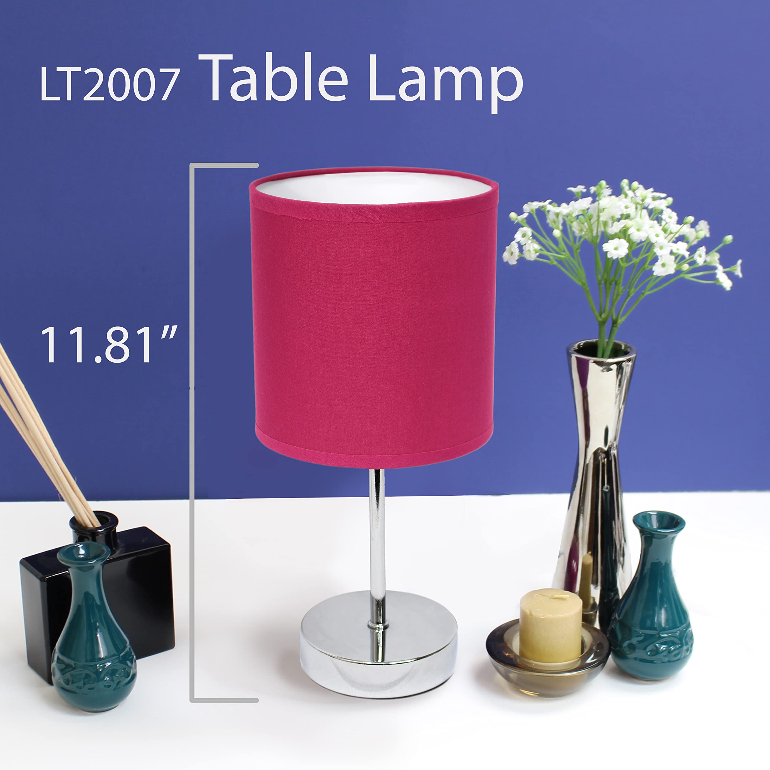 Simple Designs Mini Table Lamp with Fabric Shade, Hot Pink, Metal, Model LT2007-HPK, No Bulb