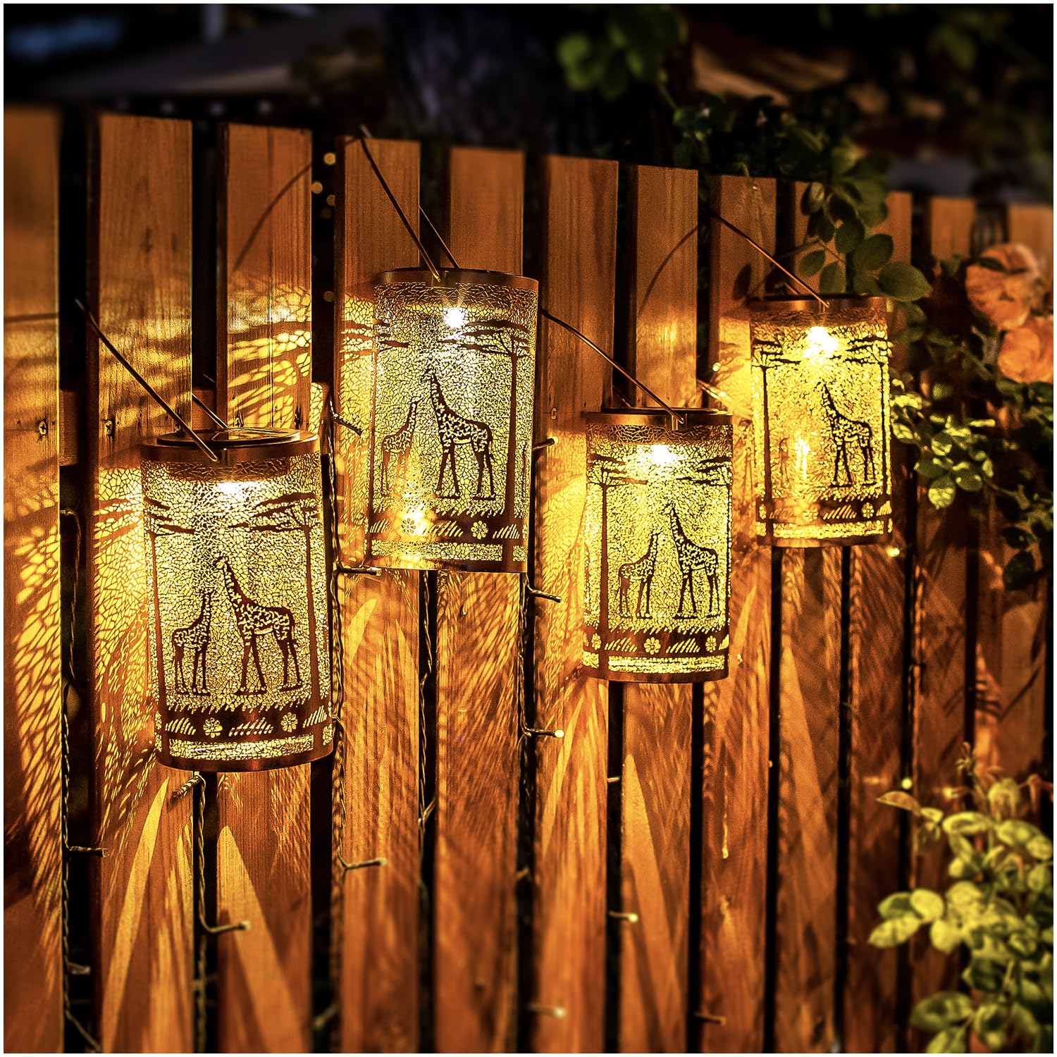 EZTZEN Giraffe Solar Lanterns - 2 Pack, Waterproof Metal Decorative Lights for Outdoor Garden, Brown, Model HW-DL-044-2pack