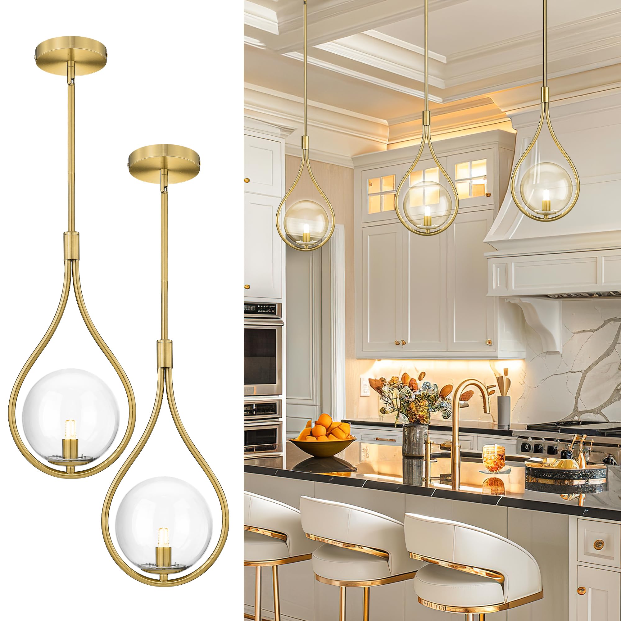 AUTELO 2 Pack Gold Pendant Lights, Hanging Lamp in Brushed Gold Finish with Clear Globe Glass, Mid Century Pendant Lights Kitche