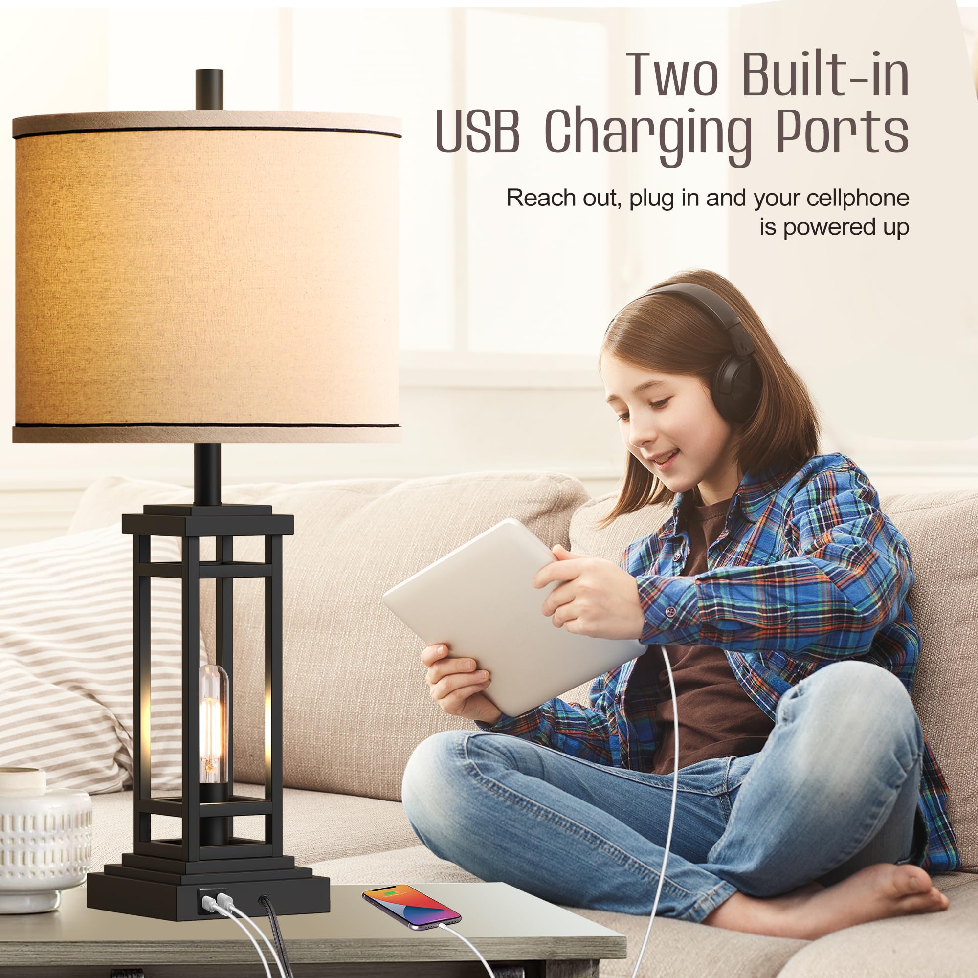 ROTTOGOON 27.5in Farmhouse Table Lamp, Metal, USB C & A Ports, Black, Model ROLP380AB1