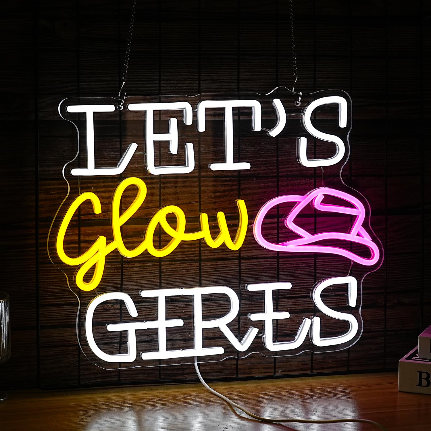 GNVETZLL Neon Sign for Wall Decor, Dimmable LED Cowboy Hat Light, 16.5in x 12.2in, White Yellow Pink, Girls Room Bedroom Party Wedding Gifts