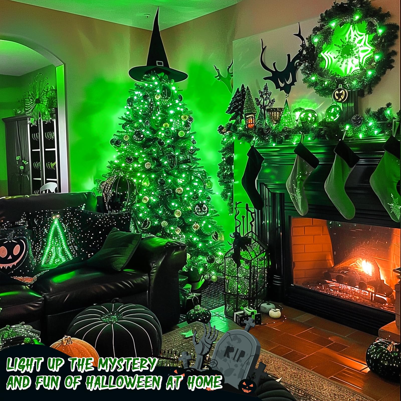 JMEXSUSS Green String Lights, 150 LED Connectable, 59ft, 8 Modes, Indoor/Outdoor Christmas/Halloween Decor