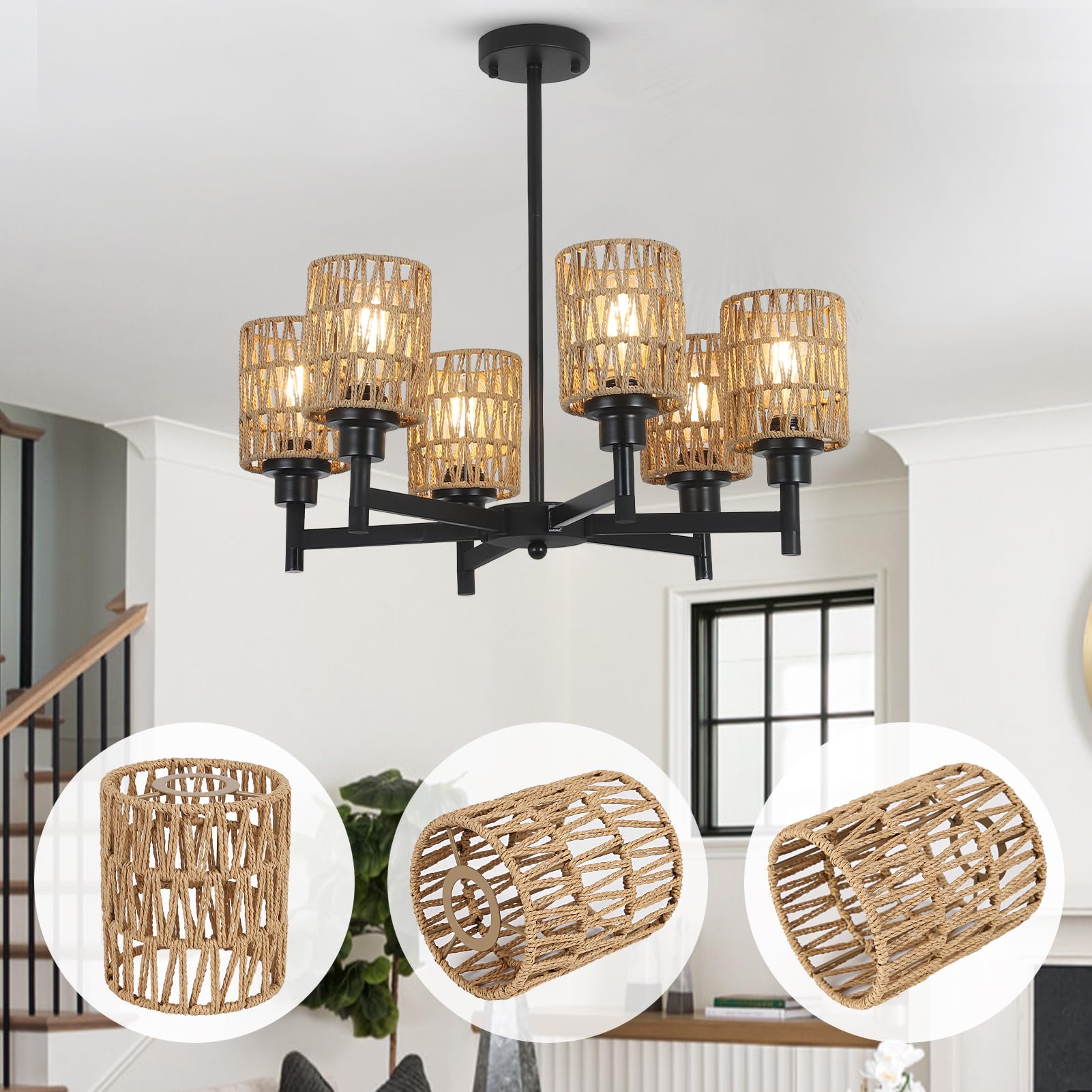 Stepeak Rattan Lamp Shade, Small Cylinder Woven Lampshade, 5.9in Height, 5in Diameter, Brown, for Floor Lamps and Lighting Fixtures