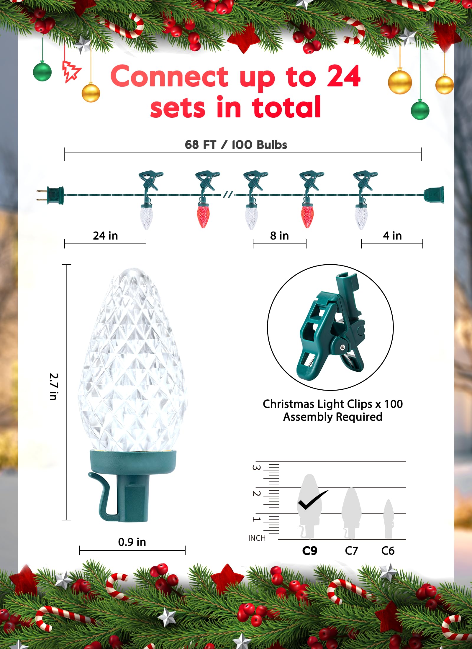 Minetom C9 LED Christmas Lights - 66 Feet, 100 Waterproof String Lights, Red & Pure White, Model GY-C9-X-33-3B, with 100 Spring Clips