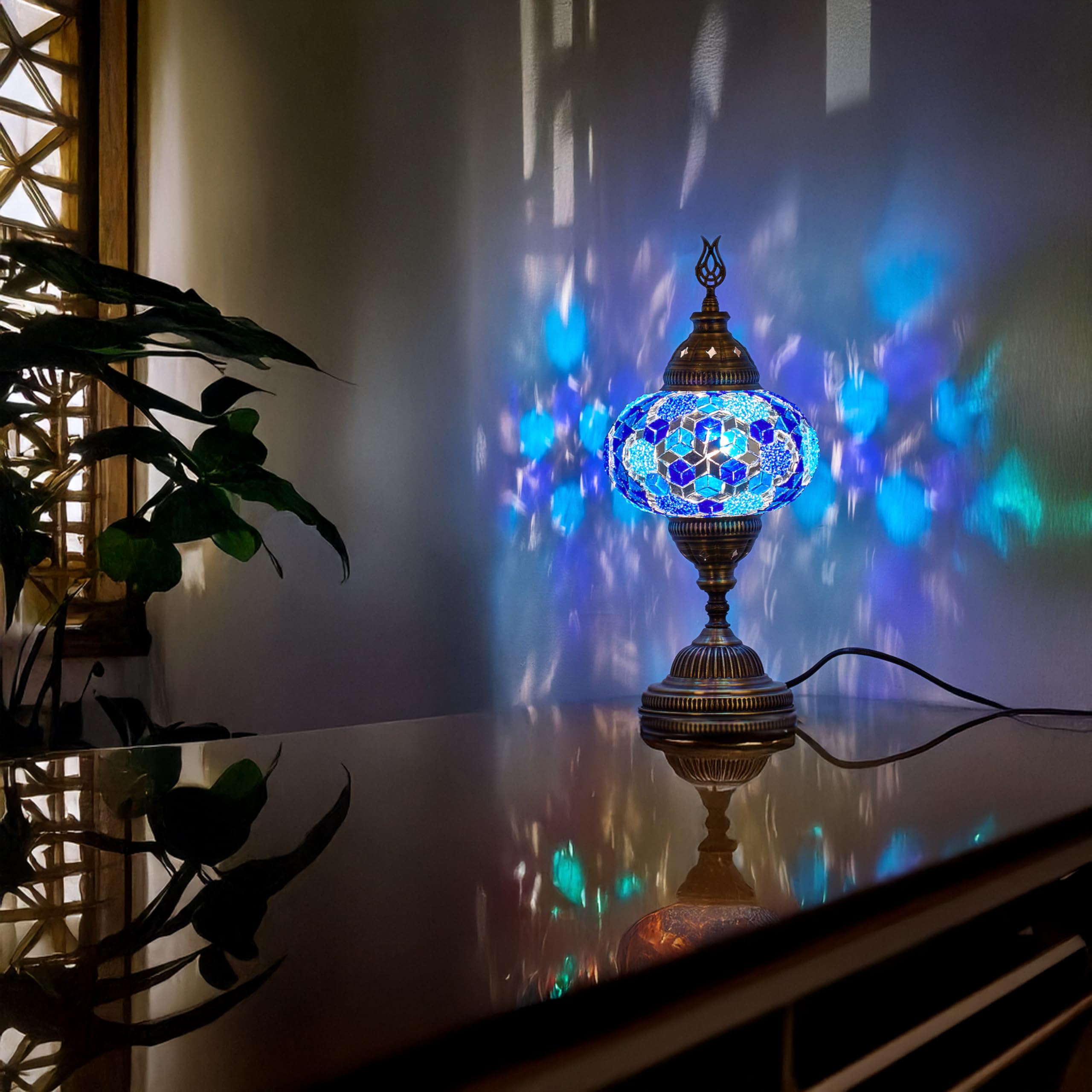 DEMMEX 7" Turkish Moroccan Mosaic Table Lamp, Blue Tiffany-Style Glass, 14" H, Handcrafted Bedside Light, Model DEMMEXLAmpTable