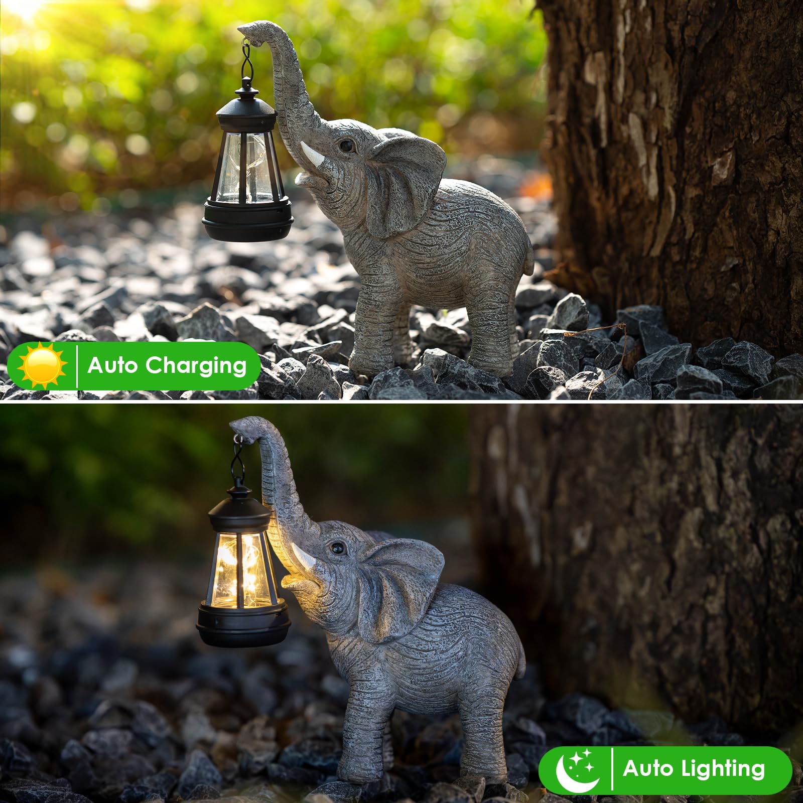 Candieslife Solar Garden Statue Lights Elephants Figurine With Solar Lantern, Outdoor Yard Decorations For Patio Porch Home, Chr