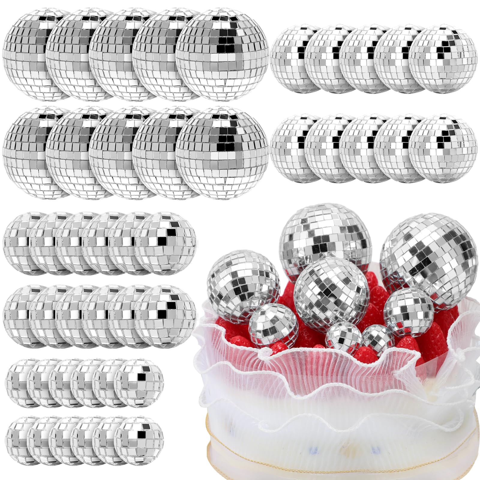 Geetery 70 Pcs Disco Ball Cake Topper Various Sizes Disco Ball Cake Decorations Reflective Mirror Disco Ball Decor Silver Disco 