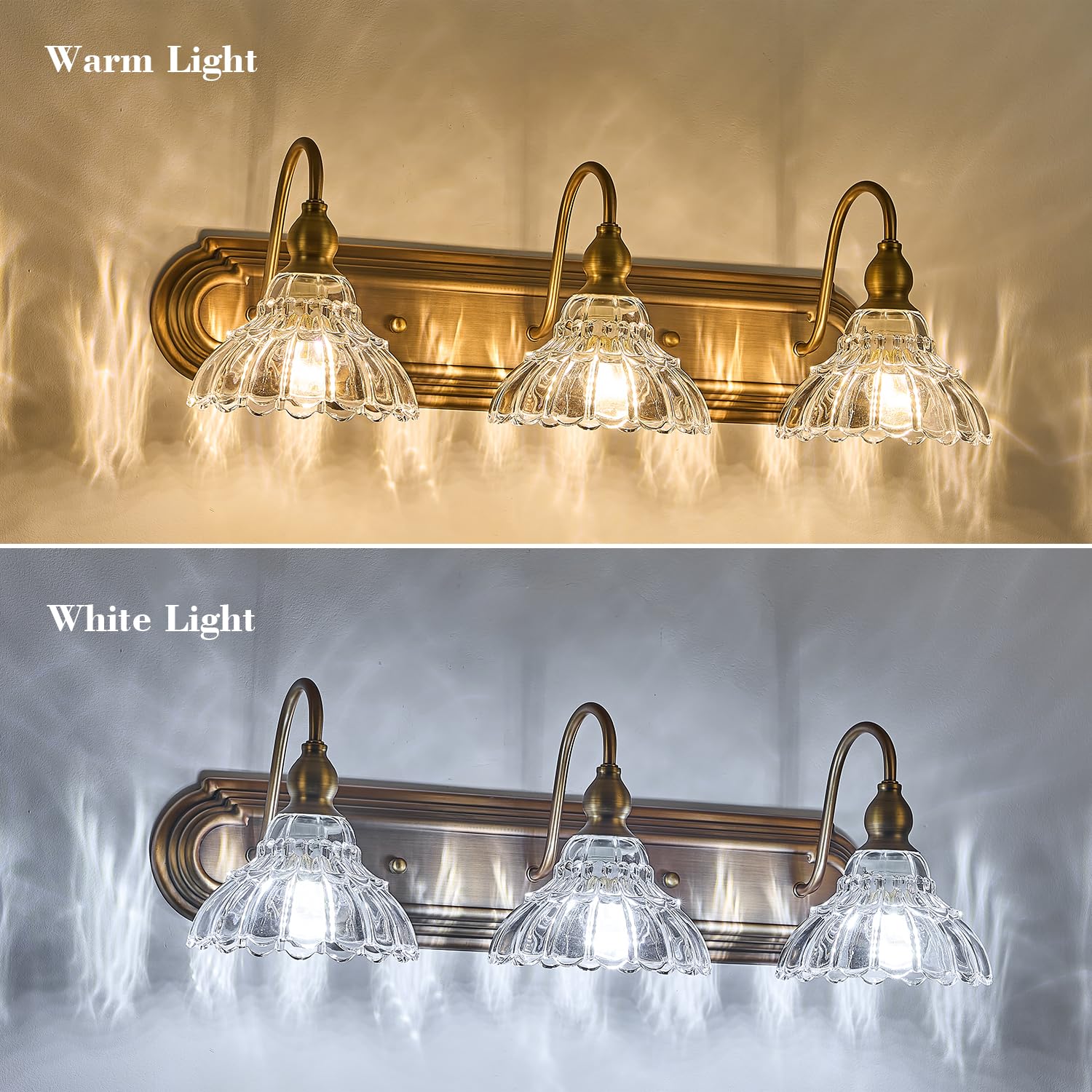 TLOLGT Vintage 3-Light Bathroom Vanity Lighting Fixture, Brass Glass Sconces, Retro Design, Model CP178-3T