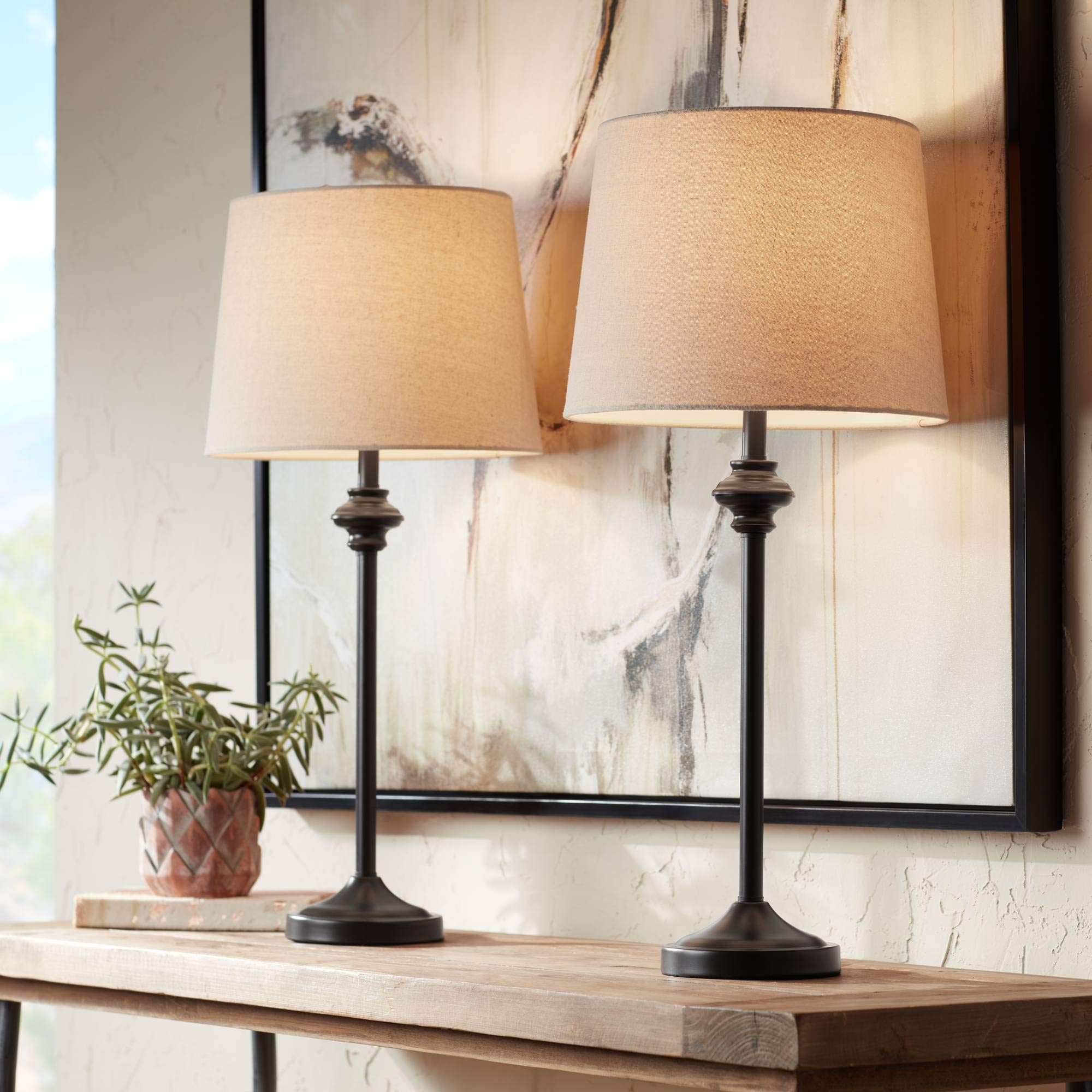 360 Lighting Buffet Table Lamps Set of 2, 26in Tall, Dark Bronze Metal, Oatmeal Fabric Shade, Model 67Y75