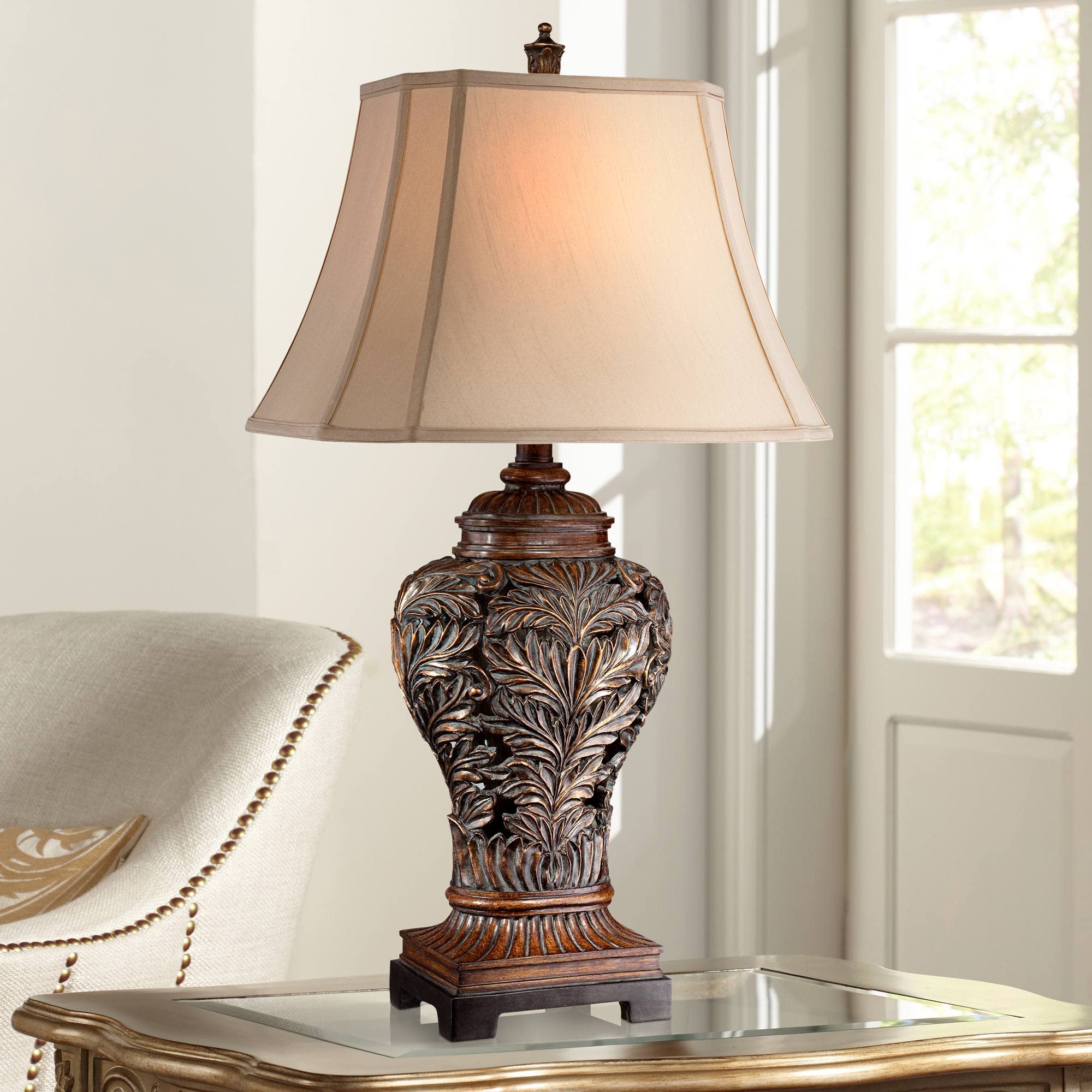 Barnes and Ivy Leafwork Vase 32 1/2'' Tall Large Traditional End Table Lamp Brown Wood Finish Single Tan Rectangular Shade Livin