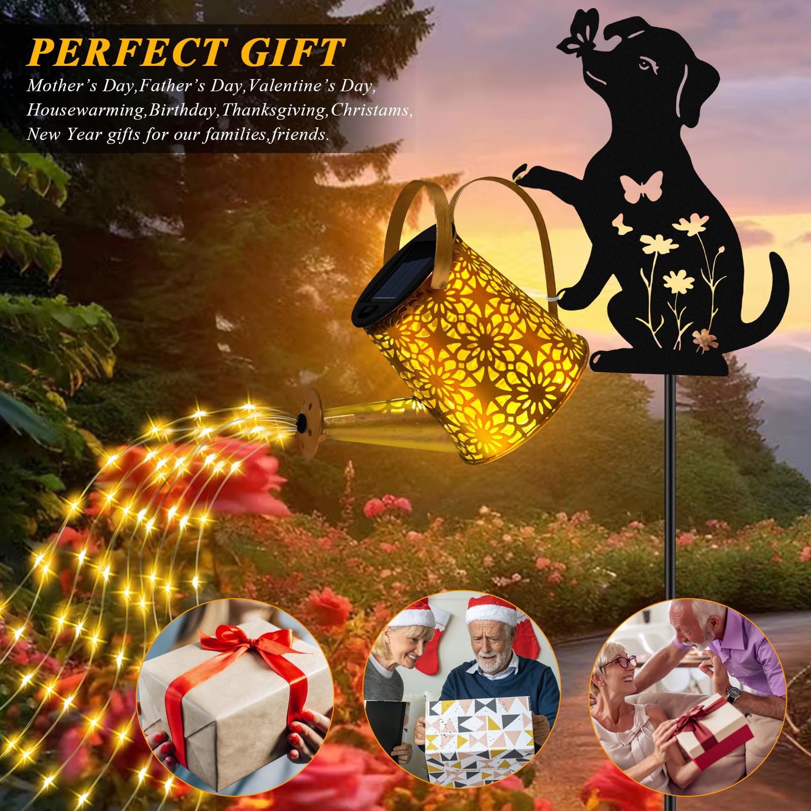 Solar Lights Outdoor Decorative  Watering Can With Cascading Lights  With Dog Silhouette Garden Stakes  Waterproof Metal Garden Decor For Yard Art  Outside  Patio  Lawn Ornaments(1 Pack)