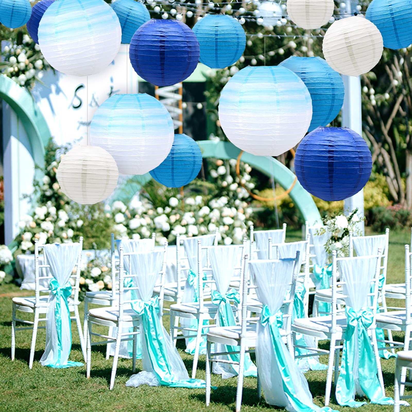 Meiduo 14 Pcs Gradient Blue Paper Lanterns - Decorative Hanging Tissue Paper Lights For Parties