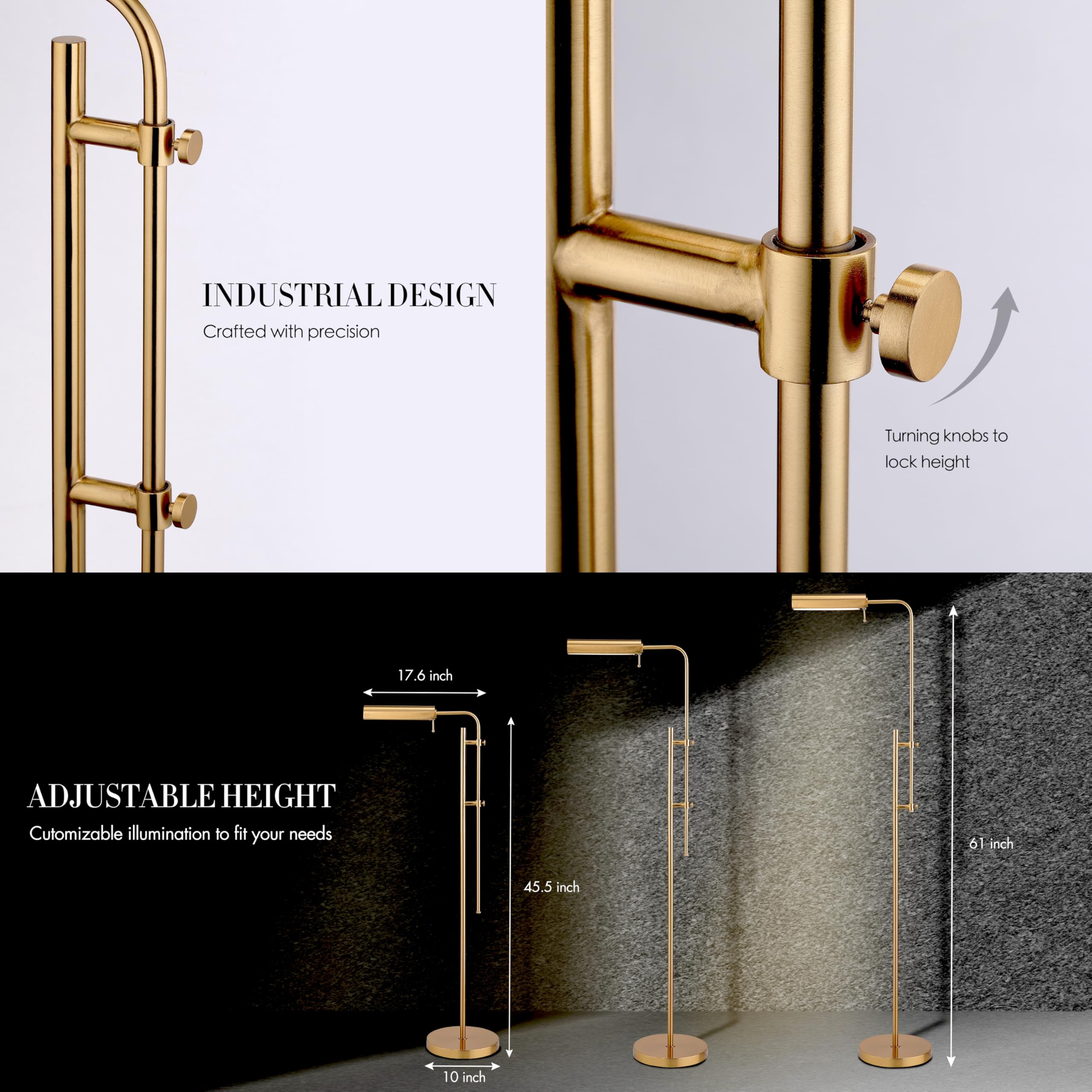 O'Bright Cedric Adjustable Pharmacy Floor Lamp - Industrial Design For Reading, Crafting, Work - 10W Led, Height 45-61 Inches -