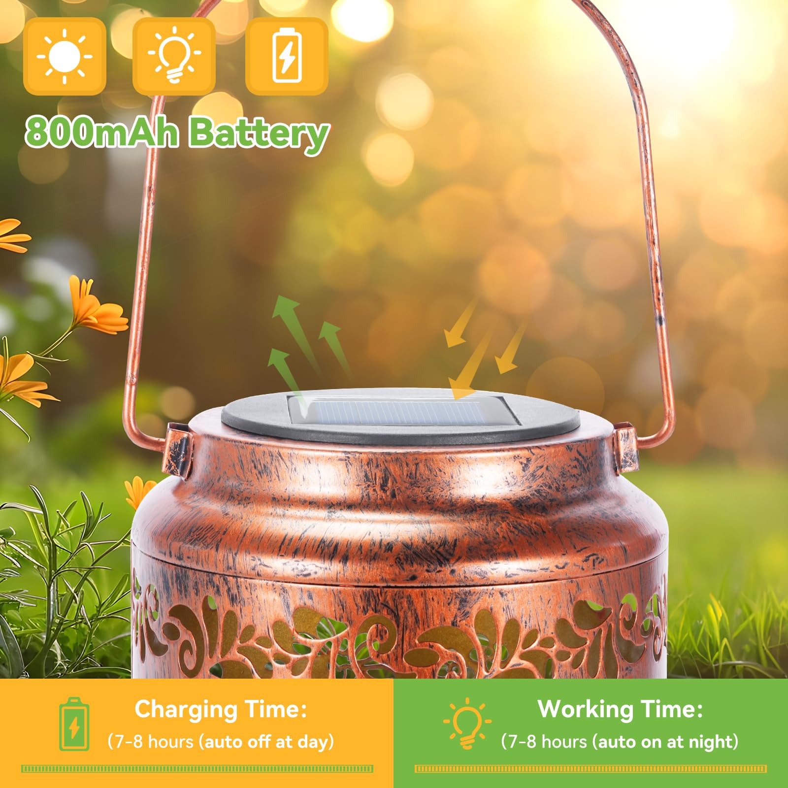 OxyLED Solar Lanterns Outdoor, 50LM LED Metal Hanging Lanterns, Waterproof Garden Decor, Red Copper, Model DL-FG, 2 Pack