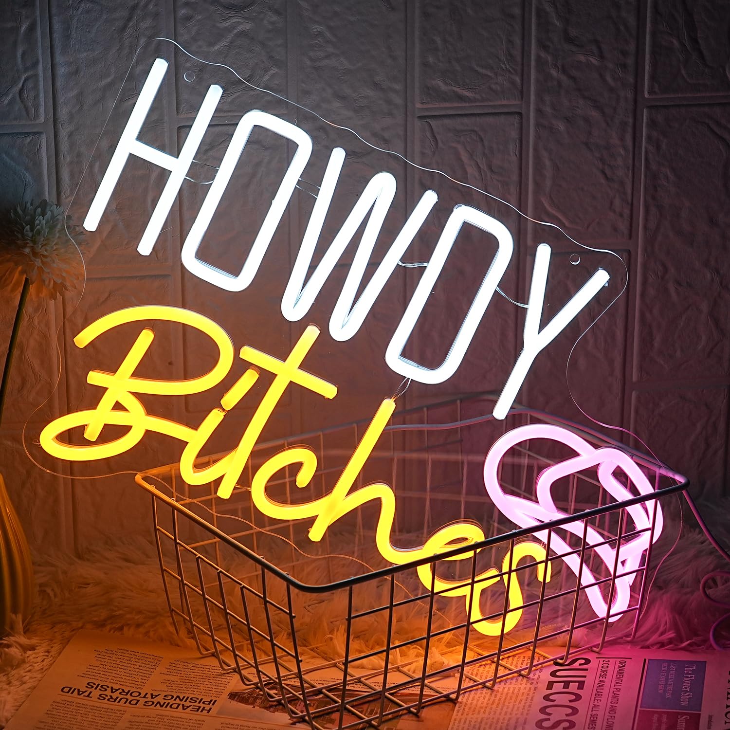 LMSIGNLY LED Neon Sign - Howdy Bitches Model, USB Dimmable, Acrylic Material, White Yellow Pink Color, Perfect for Dorm Decor