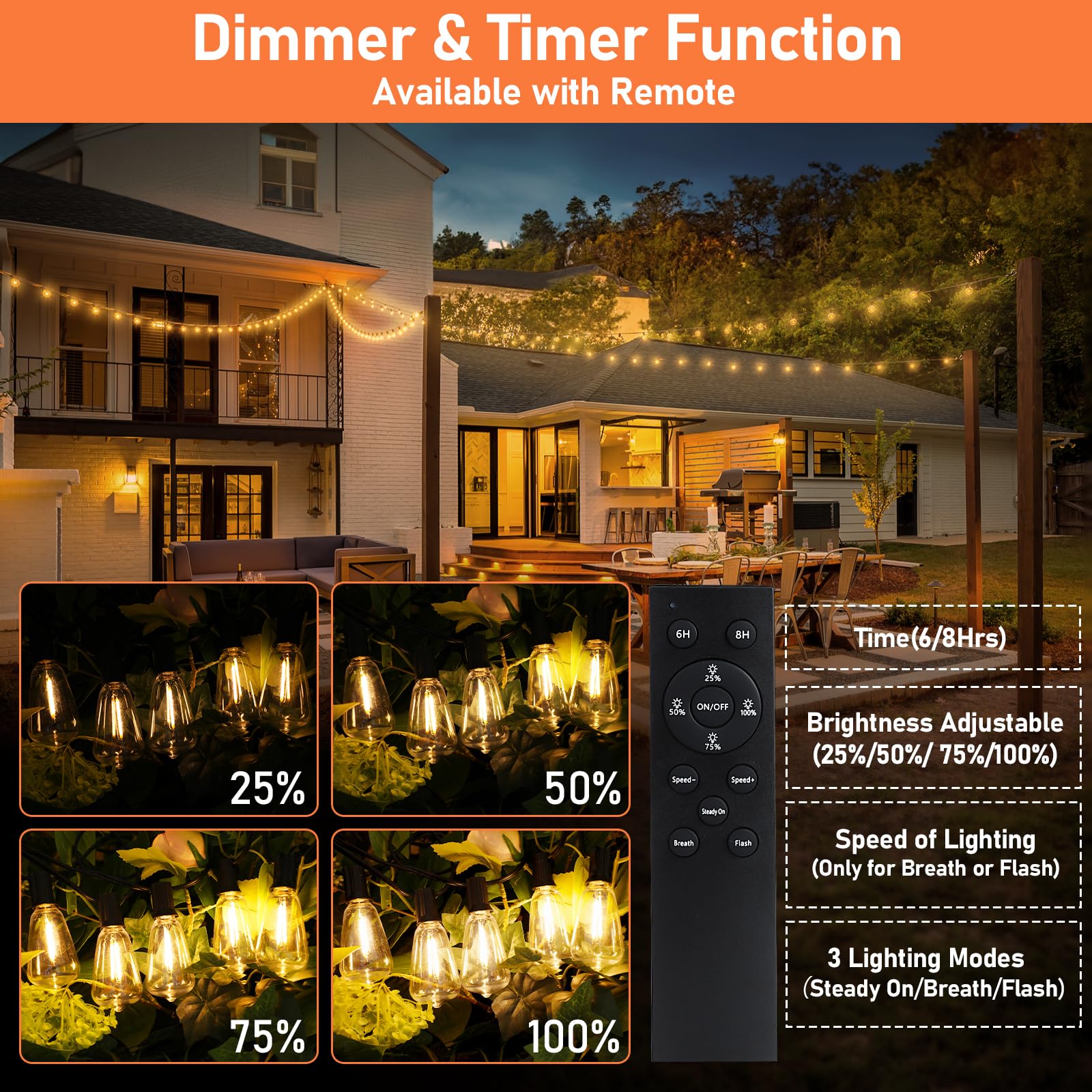 100Ft Outdoor Solar String Lights With Remote, Usb Rechargeable Led Patio Lights With 52 Timer Dimmable St38 Edison Bulbs, Enhan
