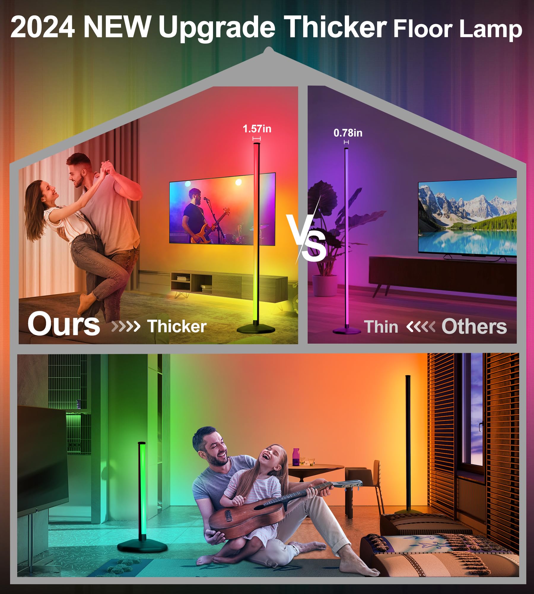 Lansuper Corner Floor Lamp, Rgb Warm Cool White Led Floor Lamp With Remote Control & App,2024 Thicker Modern Floor Lamp With Mus