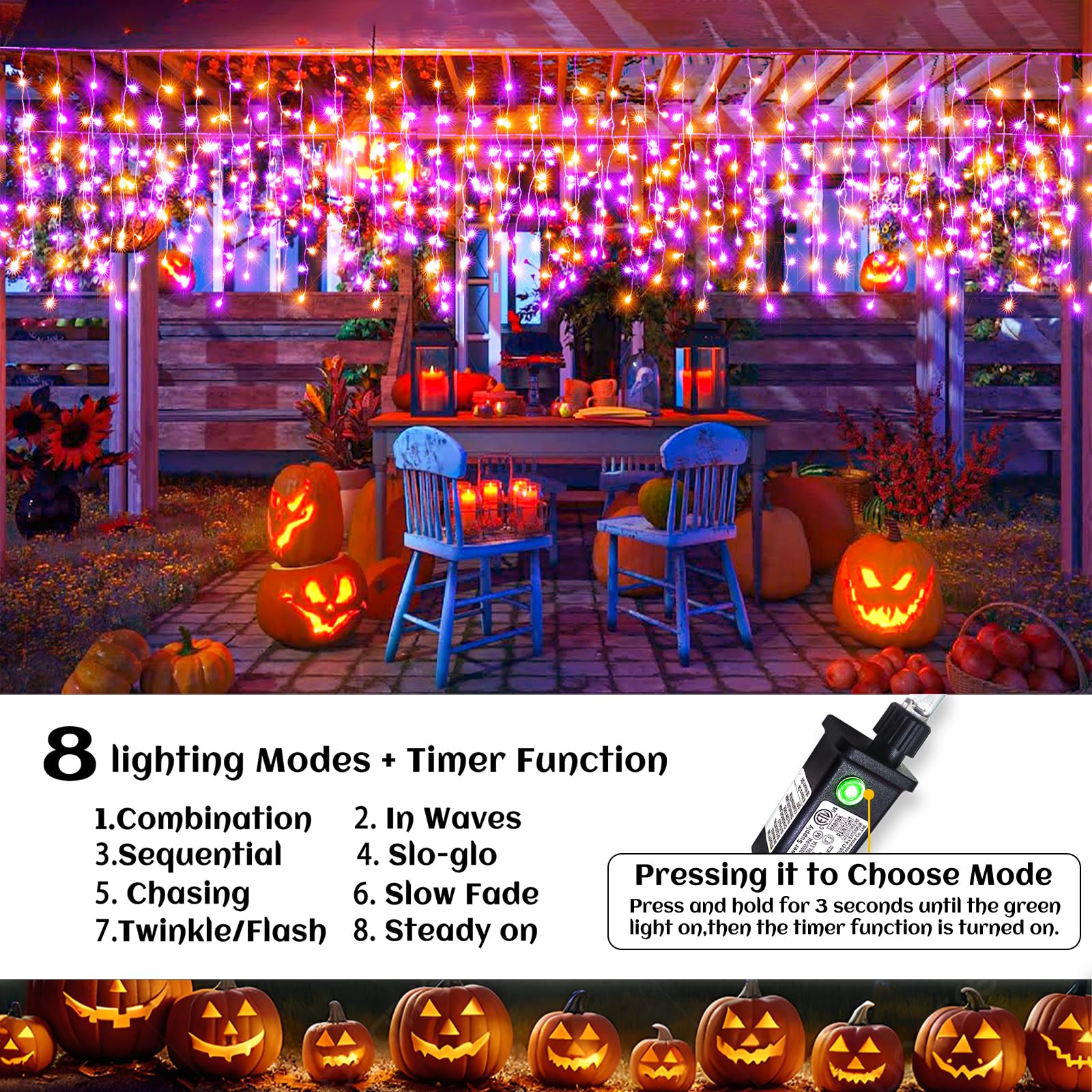 Nielfoi Halloween String Lights, 640 LED Twinkle Icicle Lights, 66ft, Orange and Purple, Copper Material, Indoor/Outdoor Decor