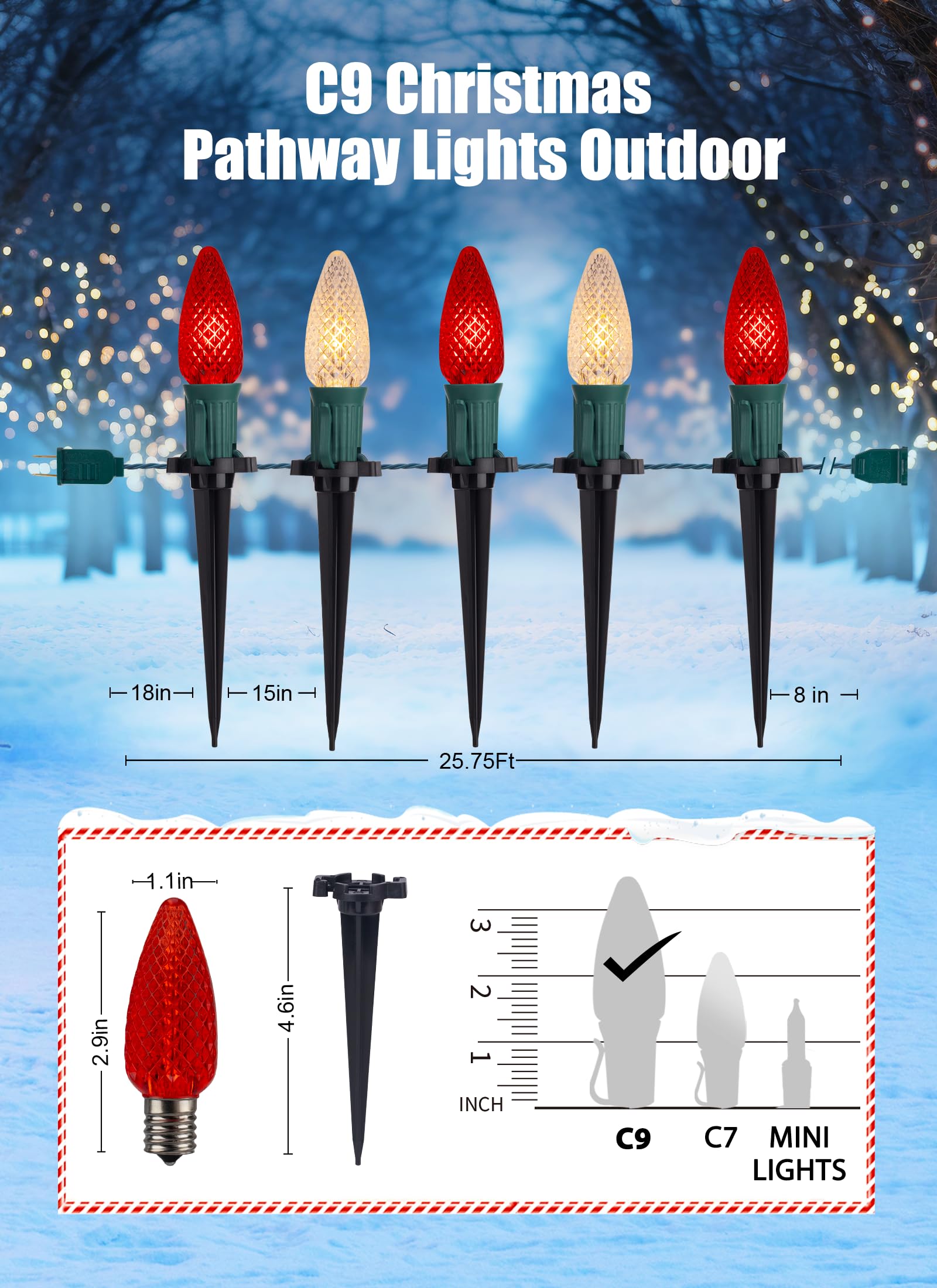 C9 Led Christmas String Lights Outdoor, 26 Feet 20 Led Christmas Pathway Lights With 20 Plastic Stakes, Connectable Waterproof F