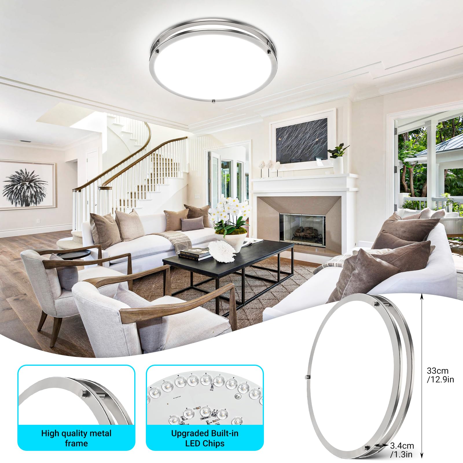 libtit 13" Flush Mount Ceiling Light, 24W Dimmable LED, Brushed Nickel, Remote Control, Adjustable 3000K-6500K, Model CL82TA-NK