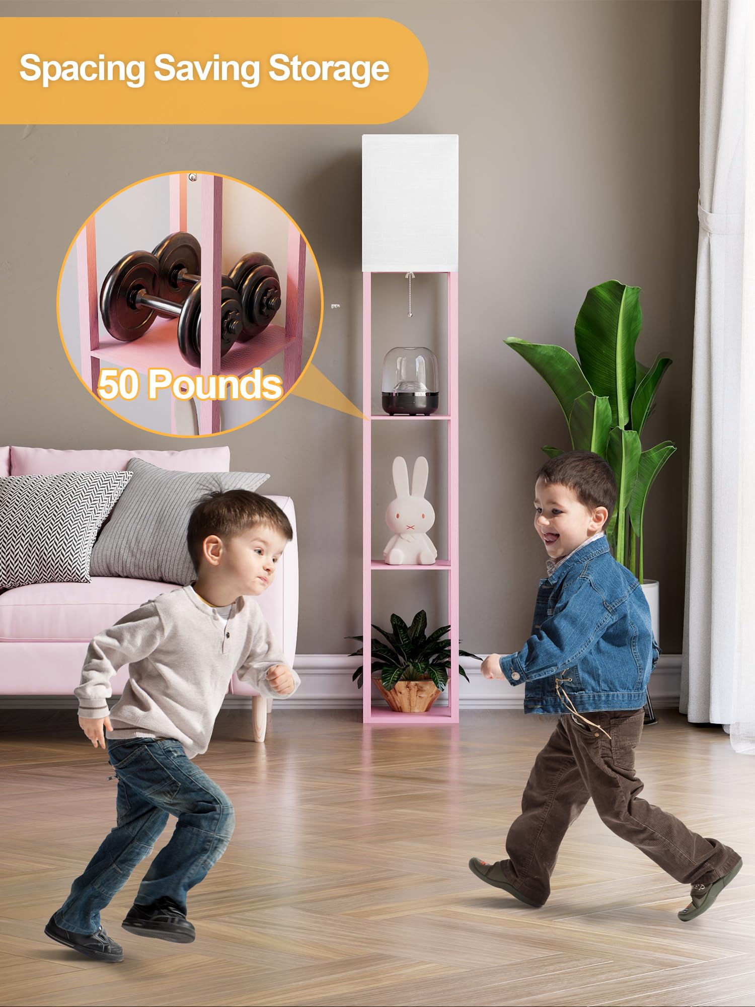 Pink Floor Lamp With Shelves For Living Room, Shelf Floor Lamp With 3 Cct Led Bulb, Corner Display Standing Column Lamp Etagere
