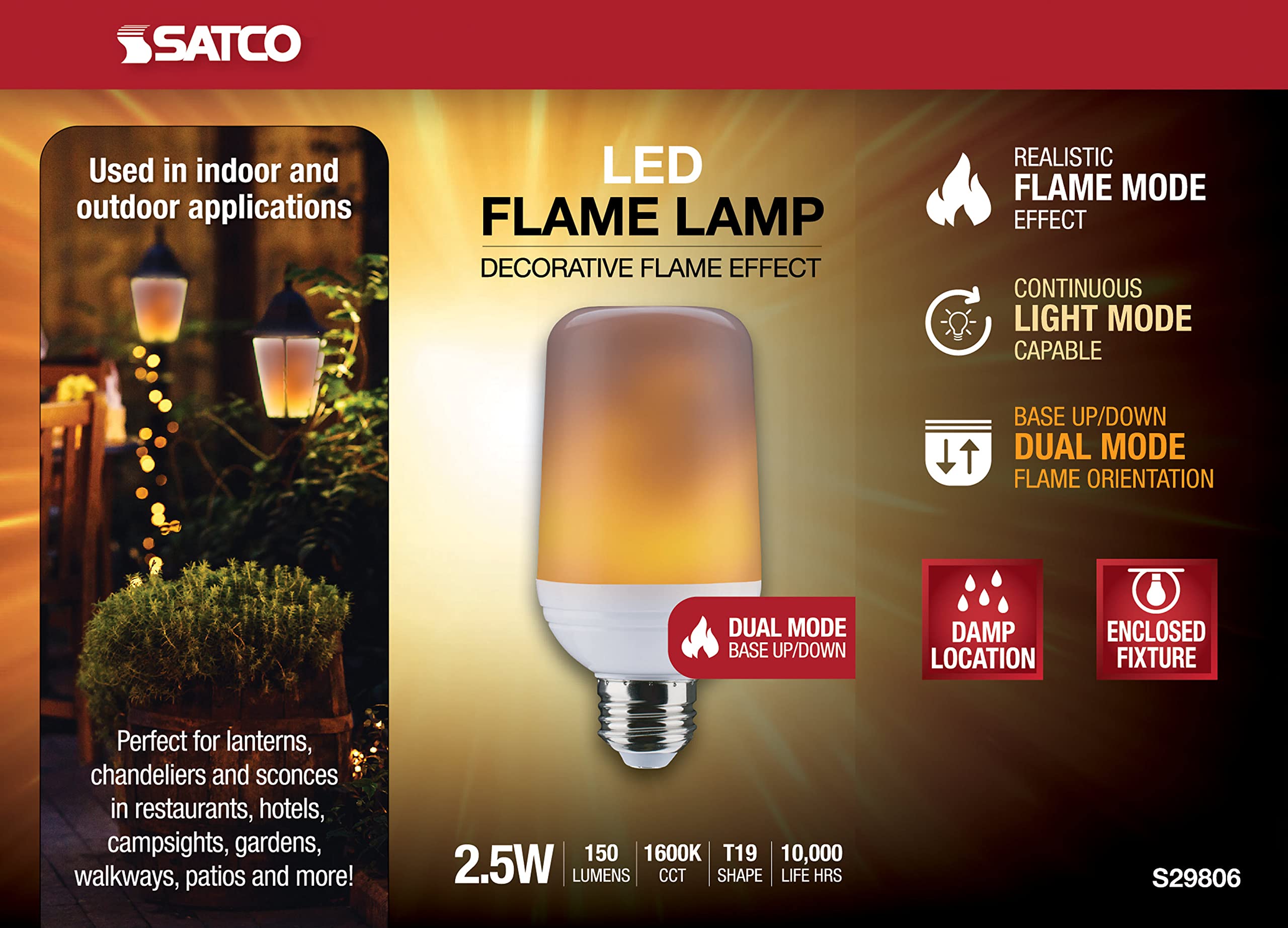 Satco S29806 Indoor/Outdoor Led Flame Effect Light Bulb, T19 Shape, White