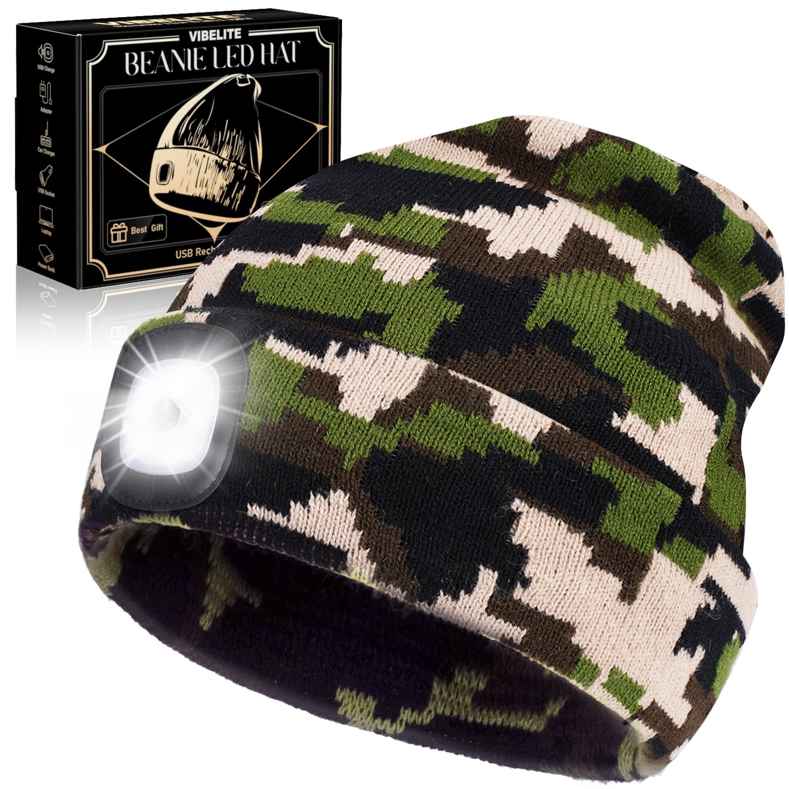 VIB high-standard LED Beanie Hat with Light, USB Rechargeable, Camouflage, Model BHL2413, 100% Acrylic