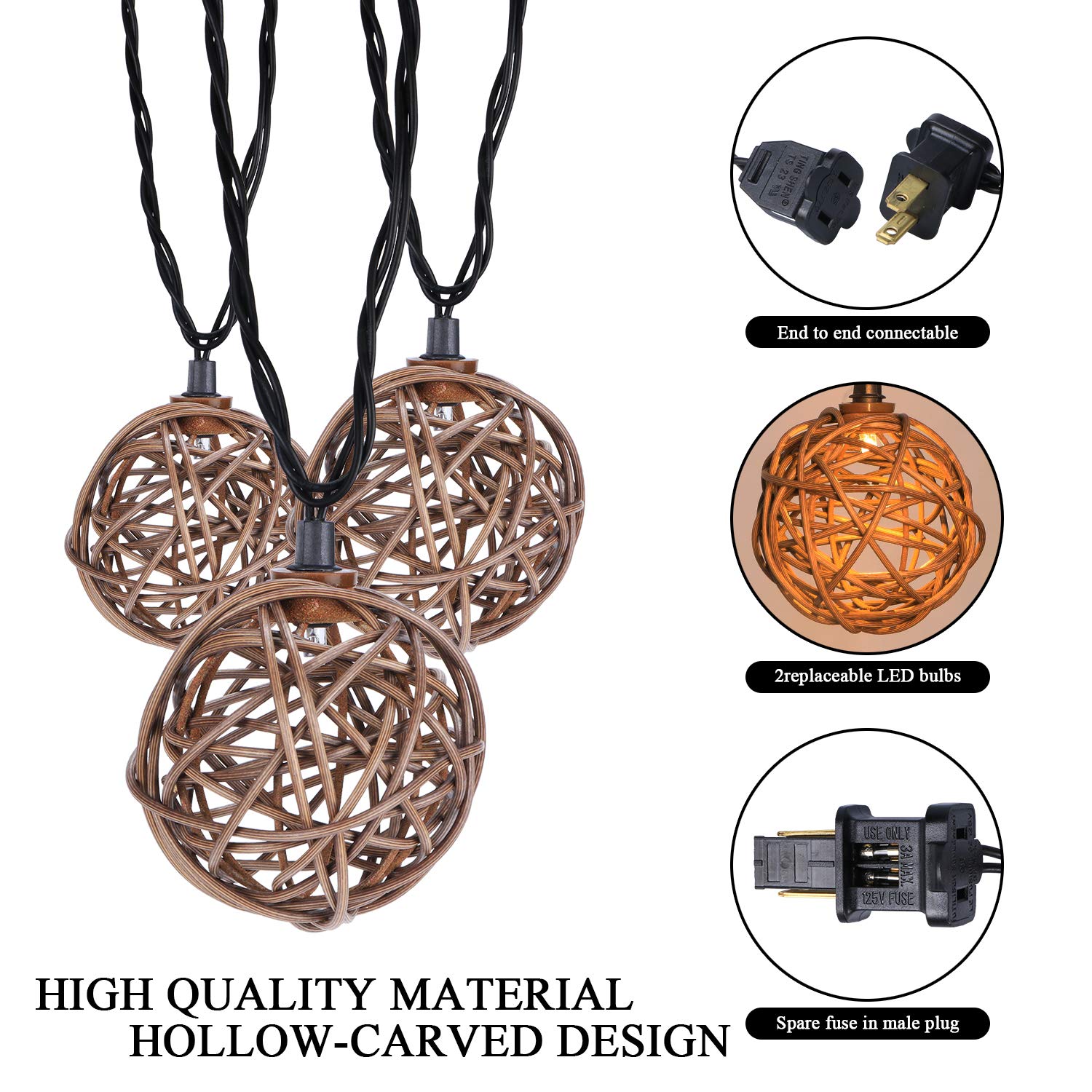 Vigdur Rattan - Lantern String Lights With 10 Led Bulbs Connectable Indoor Outdoor Decorative Lights For Balcony Patio Garden We