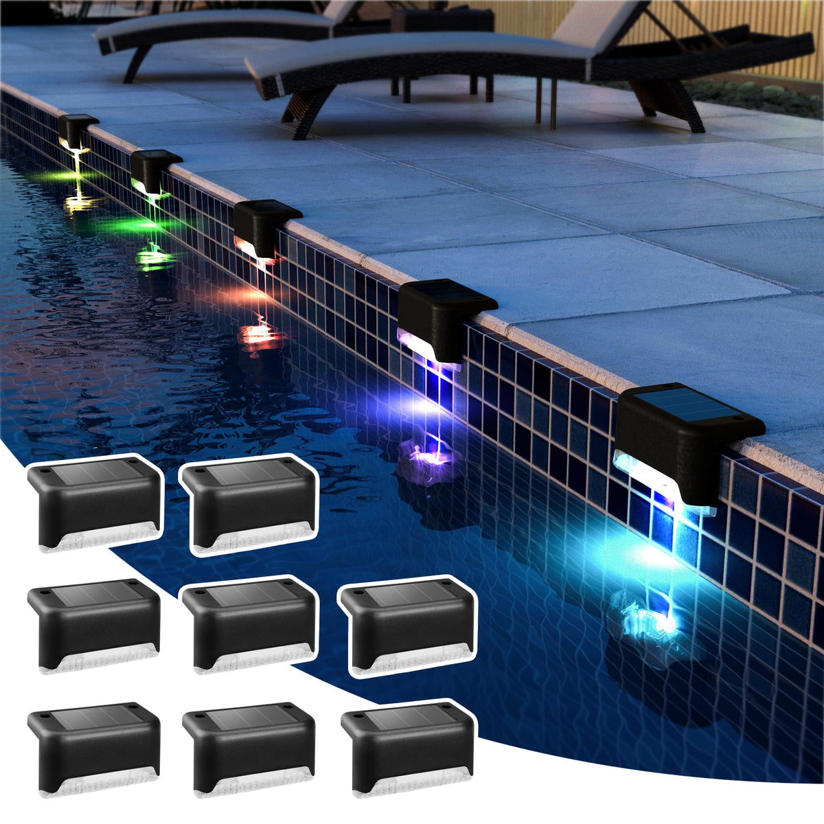 Patiowin Solar Pool Side Lights Outdoor 8 Pack, Light Up Swimming Pool Accessories, Solar Deck Lights Waterproof Led For Stairs,