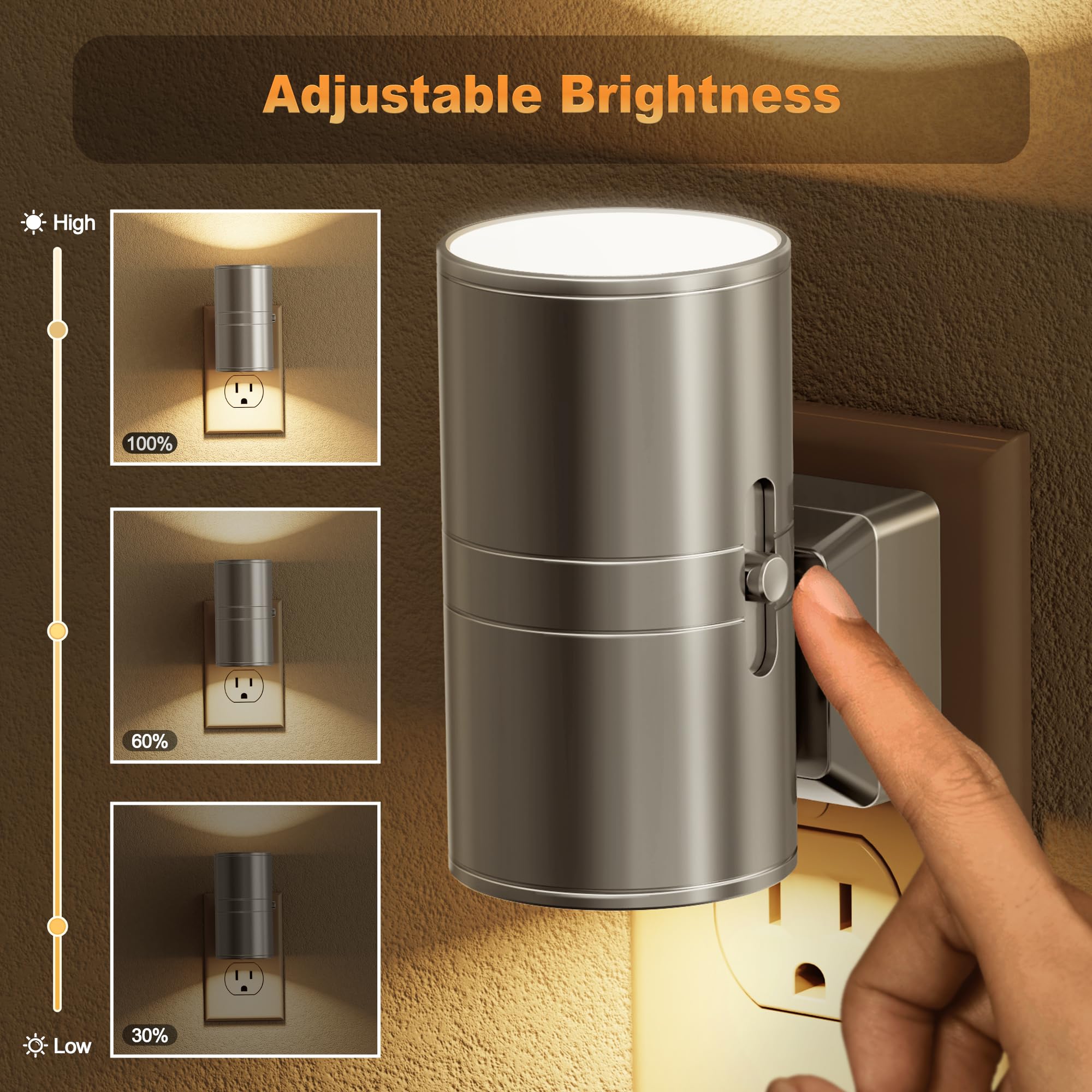 JandCase LED Night Light Plug-in, 2 Pack, Dimmable 3000K Soft White, Automatic Light Sensor, Silver Finish
