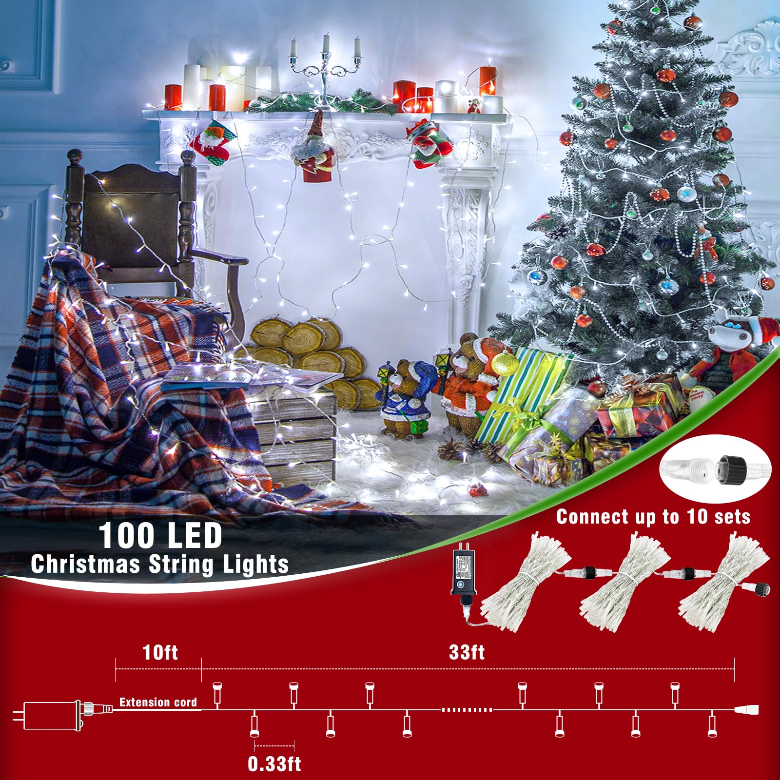 33Ft 100 Led Christmas Lights Outdoor - 8 Modes Christmas String Lights Clear Wire With Time Memory, Waterproof Plug In Fairy St