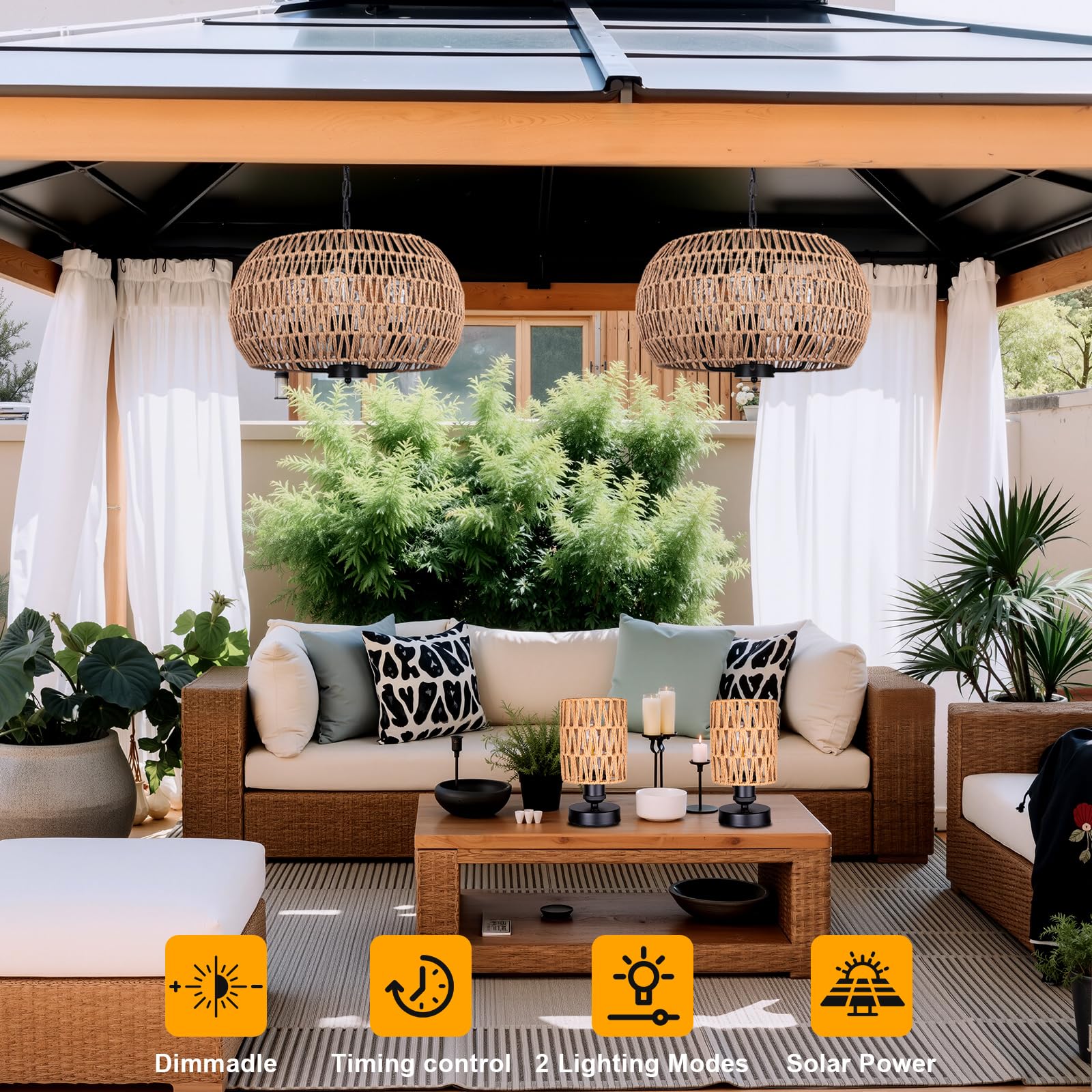 ALL FORTUNE 4-Light Outdoor Solar Chandelier, 19" Beige Rattan, Waterproof Hanging Pendant for Gazebo, Porch, Patio, Model OP-68232-SO
