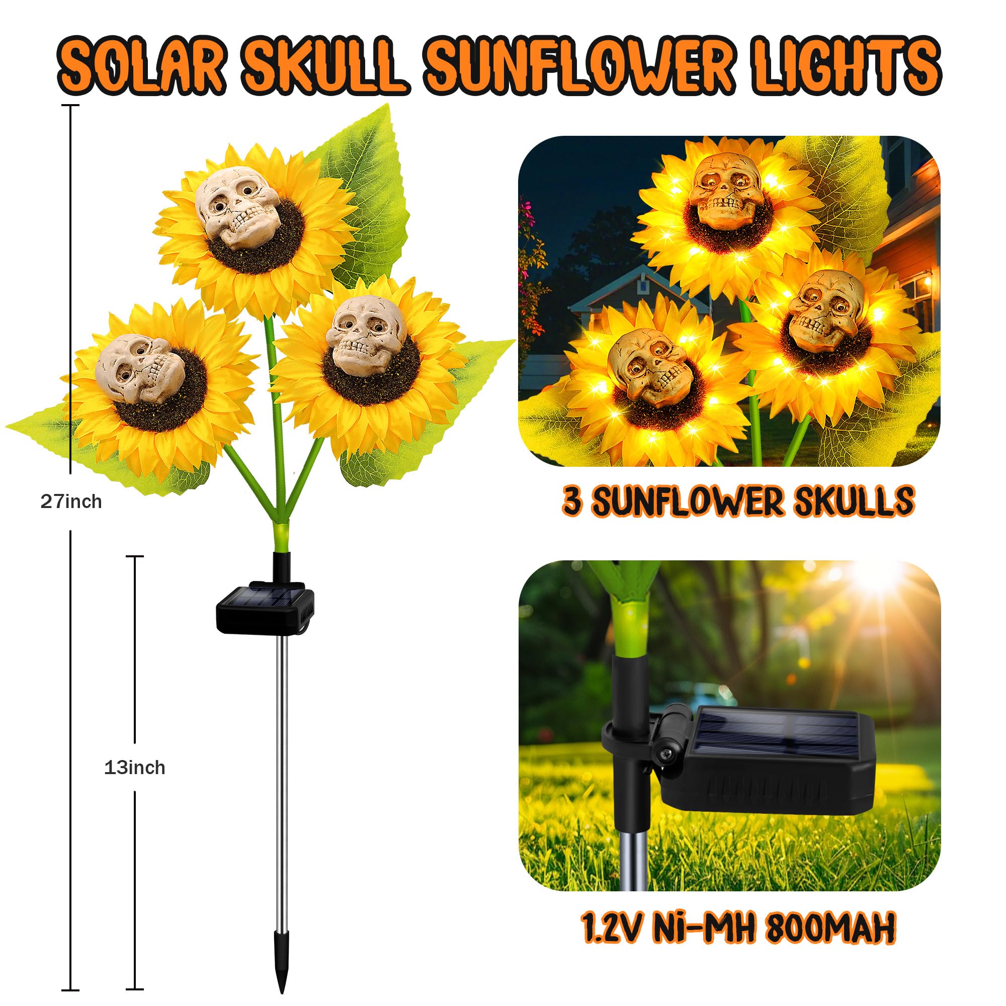 Stadeco Halloween Decorations - 3 Pack Solar Scary Skull Lights, Waterproof, Warm White, Model SXF-XRK-skull-3P