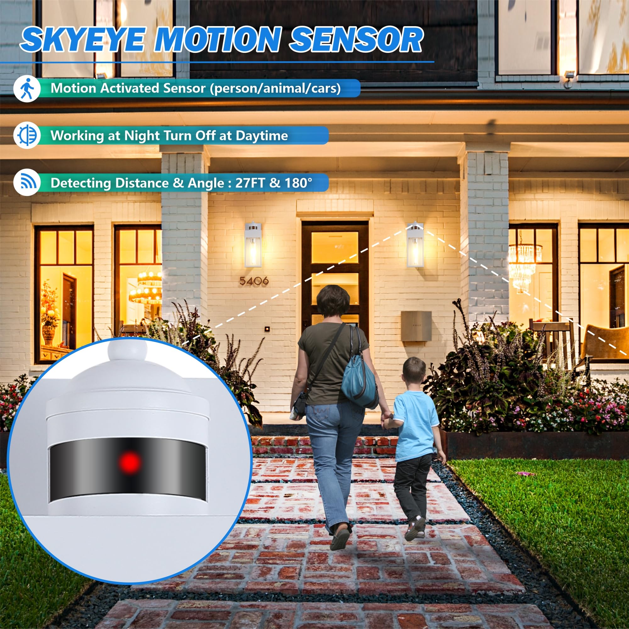 Dakaful Motion Sensor Outdoor Lights - 2-Pack, Modern White Led Wall Sconce, 3 Lighting Modes, Model Dk-Msor-Qx-02