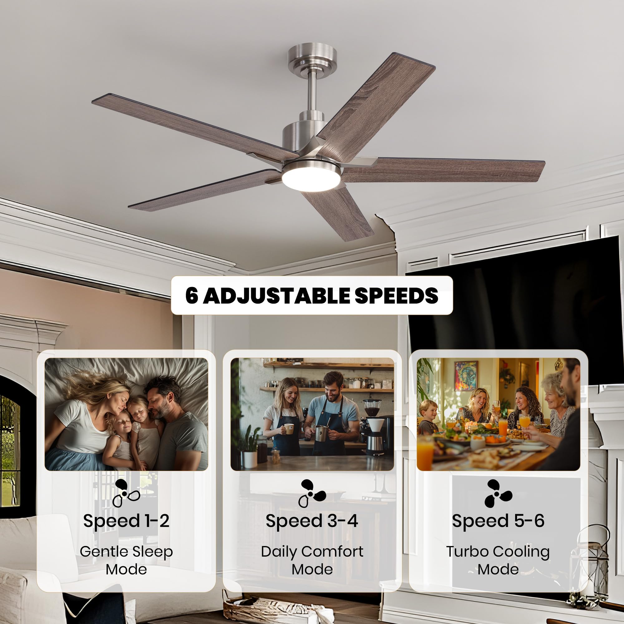 Nuoqiso 52 Inch Ceiling Fan with Lights, Remote Control, Nickel Finish, Quiet DC Motor, Dimmable LED for Indoor/Outdoor Use