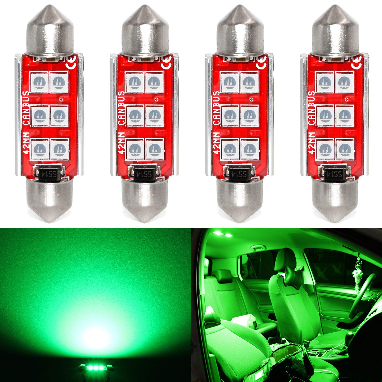 PHINLION LED Bulb 3030 6-SMD Festoon 41mm Green 4 Pack for Car Interior Map Dome Trunk Courtesy Light