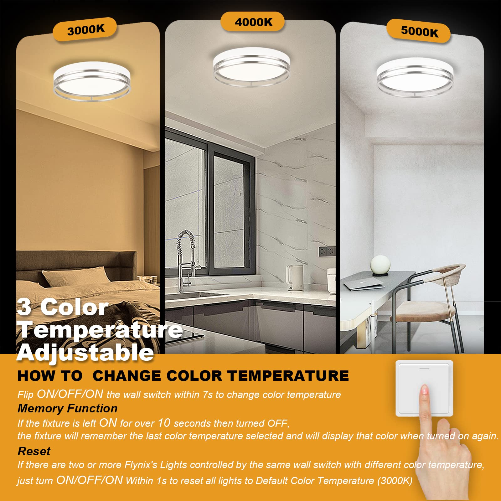 Flynix LED Flush Mount Ceiling Light, 26W, 1700 Lumens, Dimmable, 3 Color Options, 12.5 Inch, White Nickel, Model PL-LF