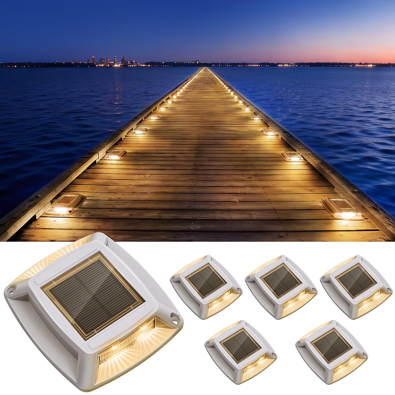 Etetale Solar Driveway Lights 6 Pack, Solar Powered IP68 Waterproof Dock Lights, 4 LED Driveway Markers Deck Light for Dock, Pat