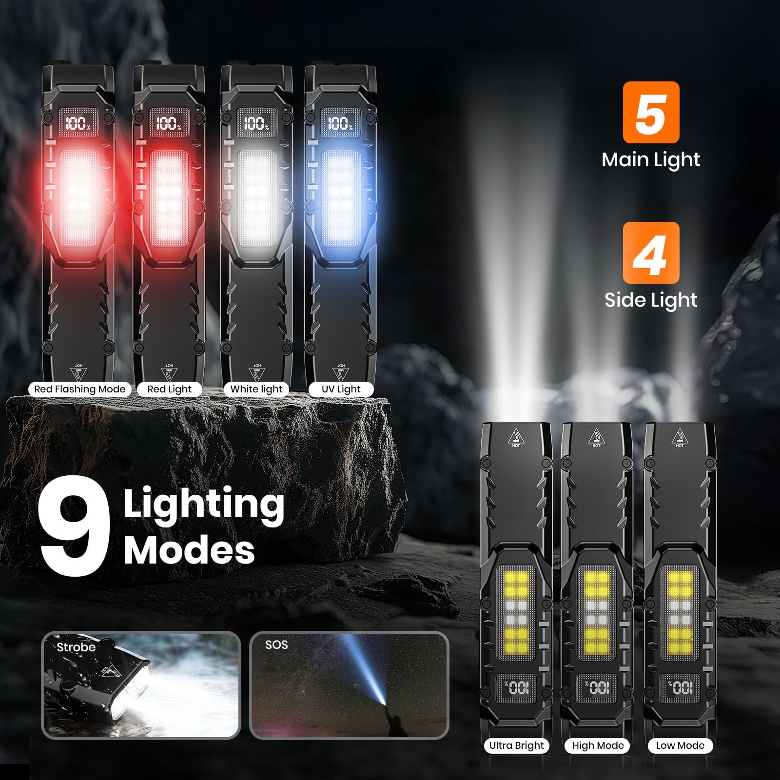 EDC Tactical Flashlight, 1100 High Lumens Rechargeable LED Flat Flashlight w/ Clip & Digital Display, Pocket Flashlight for Home