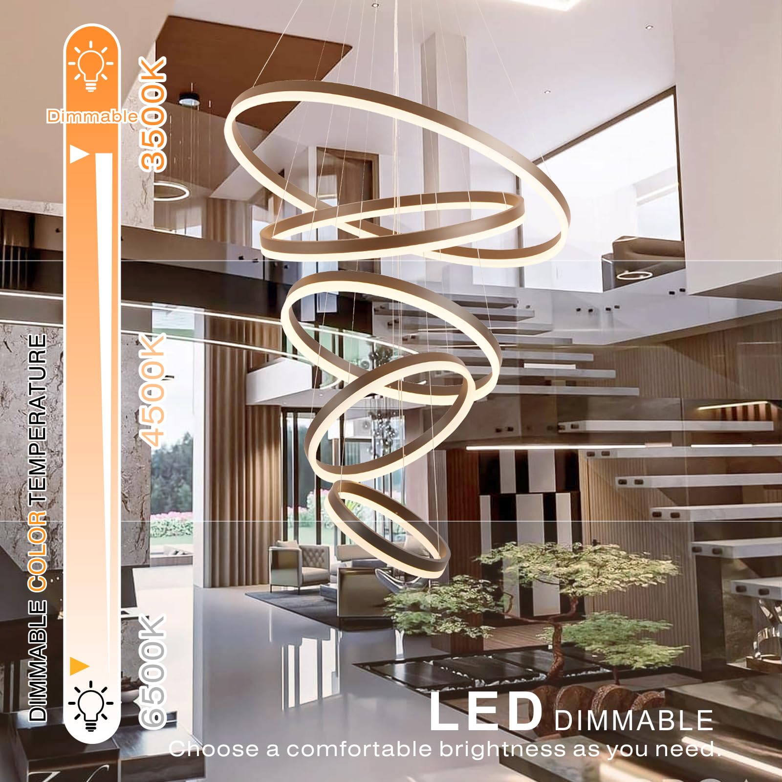 Embring Modern Chandelier,5 Ring Led Chandelier,31.50" Large Modern Chandelier Light Fixture Height Adjustable High Ceiling Chandelier,Black Modern Led Chandelier For Entryway Dimmable With Remote