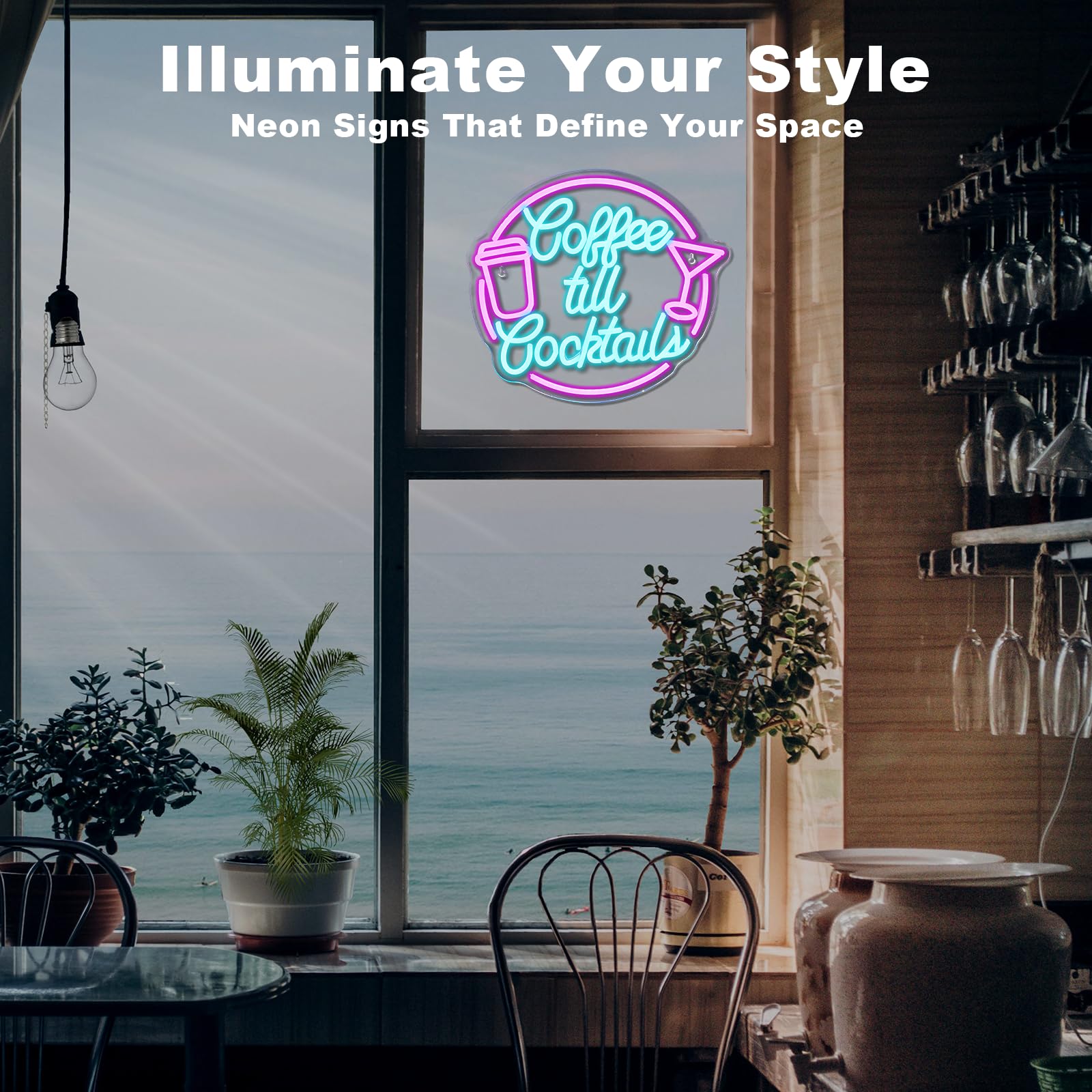 JURONG Coffee Cocktail LED Neon Sign, Dimmable USB Light, 16.5inx9in, Pink Blue Acrylic Decor for Home, Party, Office