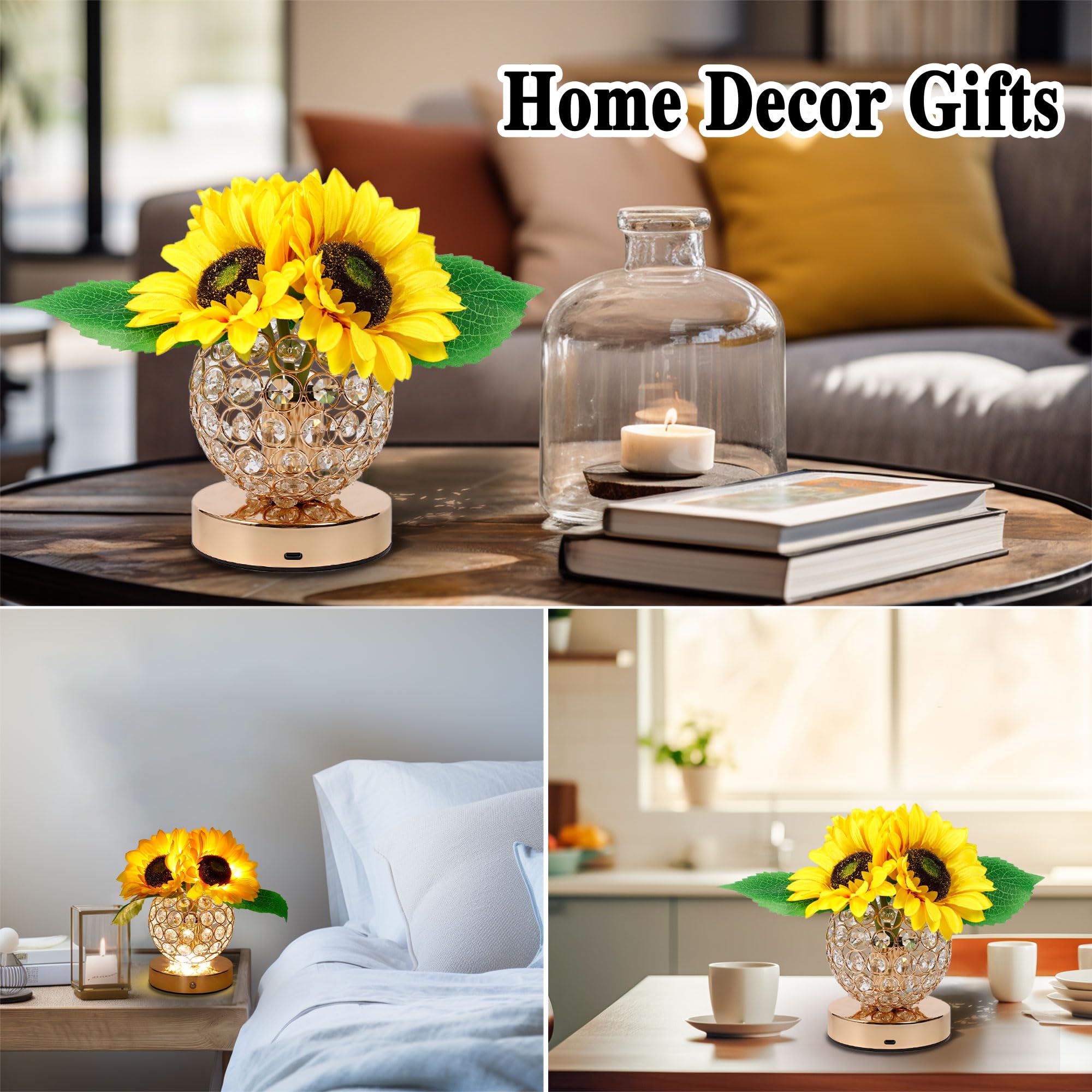 Silk Sunflower Crystal Vase Led Lamp For Womens Gifts, For Womens Mom Dughter Wife Friends Girlfriend Her Valentines Anniversary