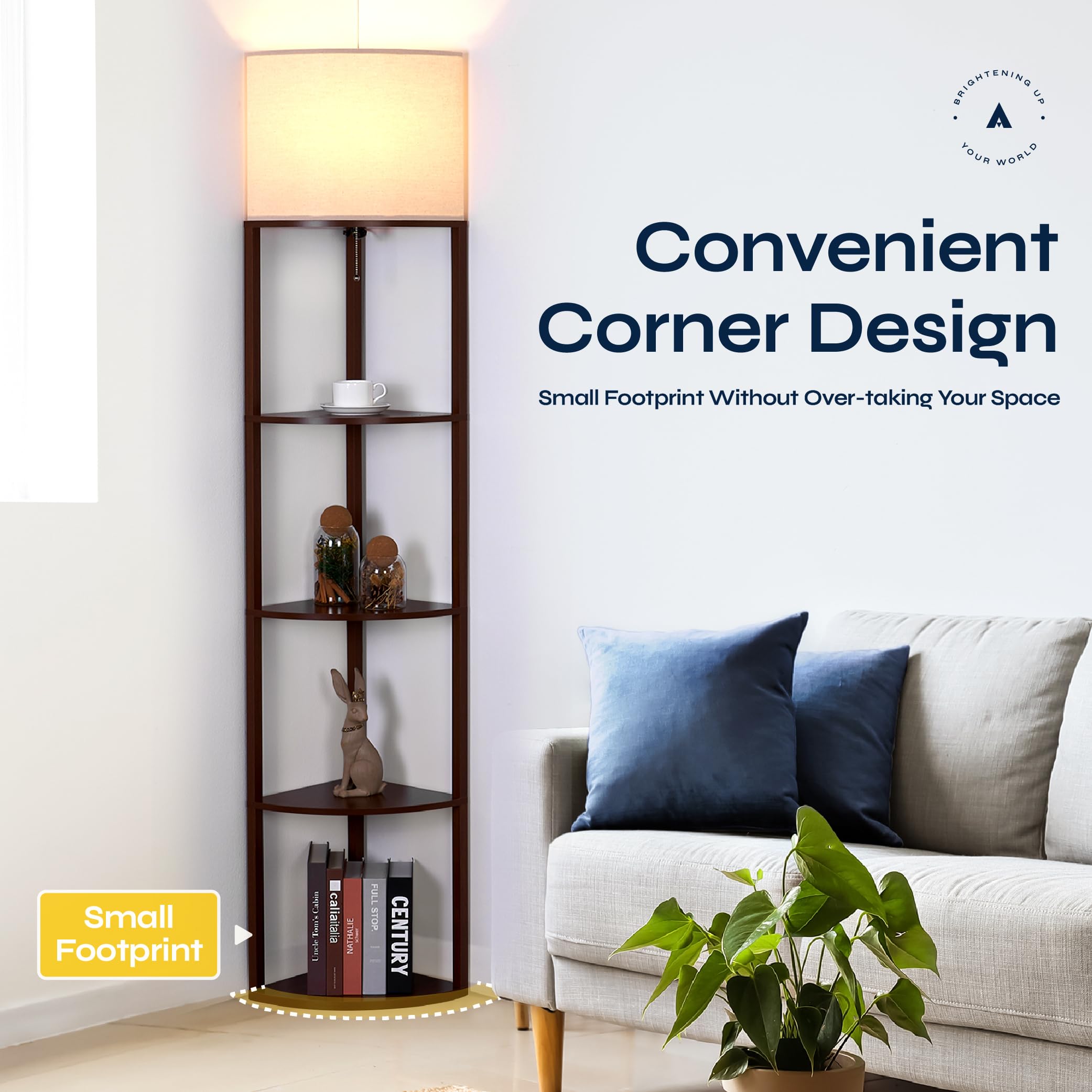 Atamin Corner Floor Lamp With Shelves - Tall Corner Lamp With Pull Chain Switch - Modern Floor Lamp For Living Room, Bedroom, Or