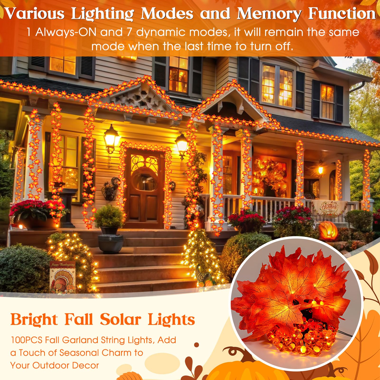 Fall Solar Lights Outdoor Decorative, 39Ft 100 Leds And 8 Modes Solar Lights Thanksgiving Decorations Outdoor Maple Pumpkin String Garland For Autumn Outside Garden Harvest Party Halloween Decor