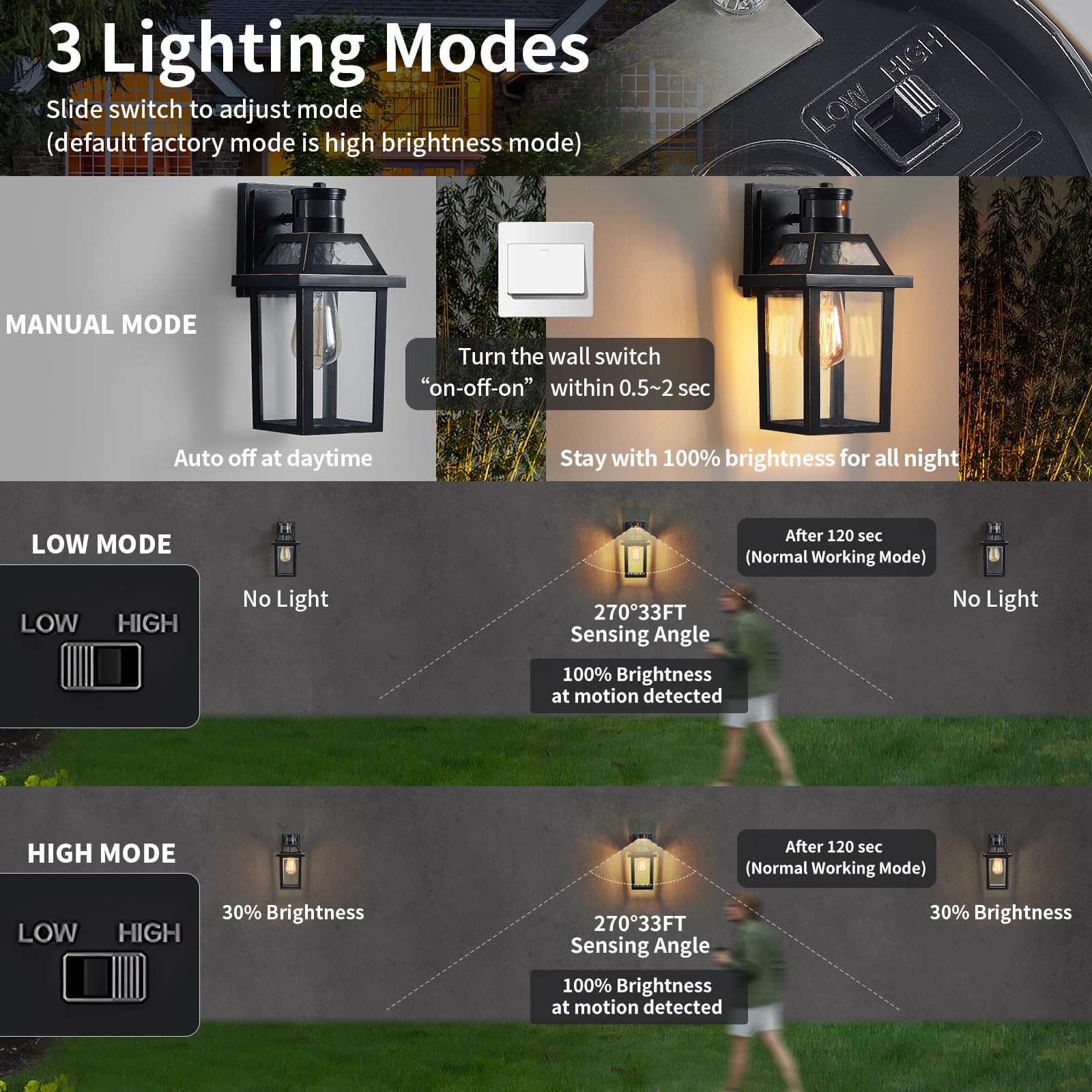 Motion Sensor Outdoor Wall Lights  Porch Light Outdoor 3 Lighting Modes  Dusk To Dawn Exterior Light Fixture  Waterproof  Outside Lights For House Front Door Patio Garage 1 Pack (Black)